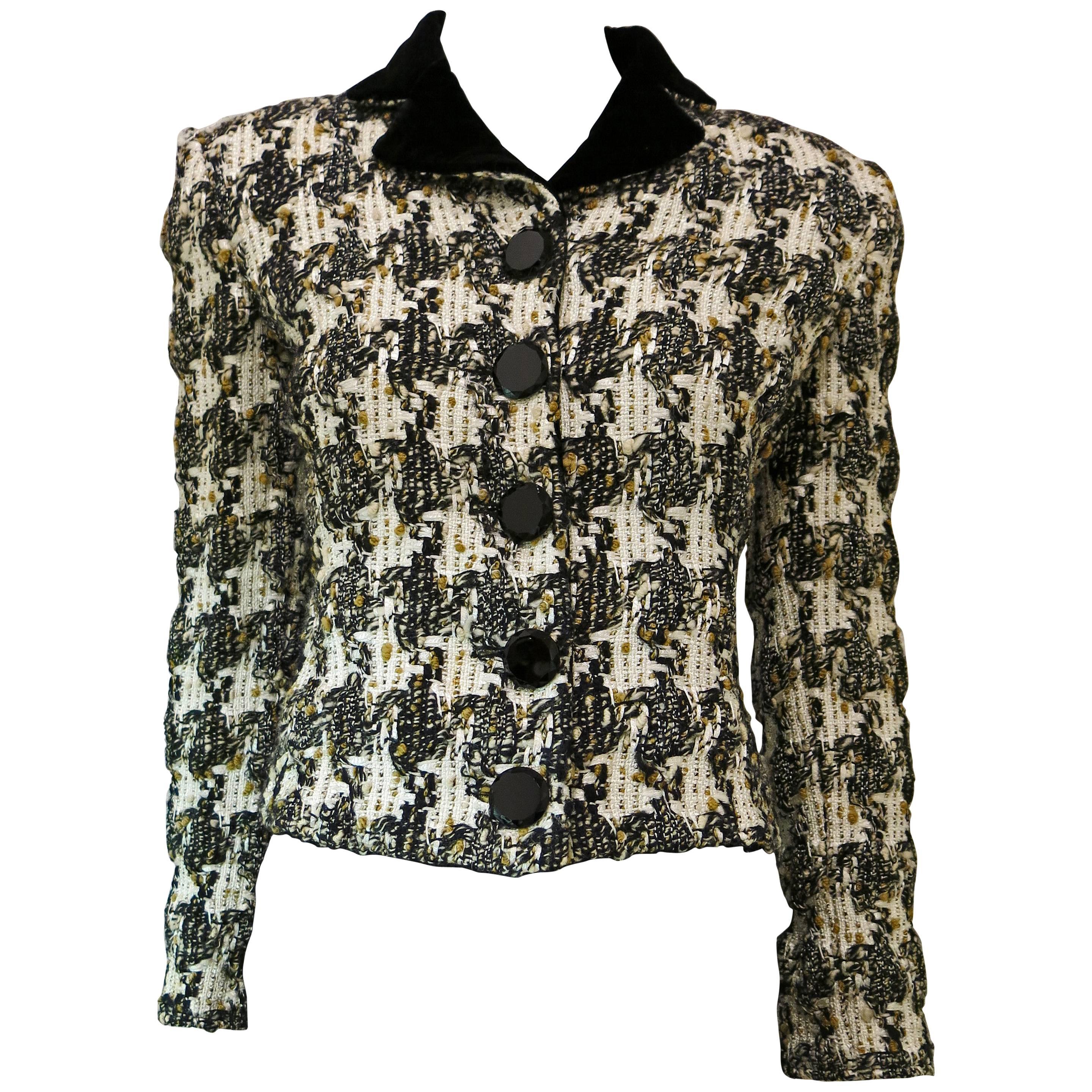 Gianfranco Ferre Cropped Boucle "Coco" Jacket with Velvet Trim