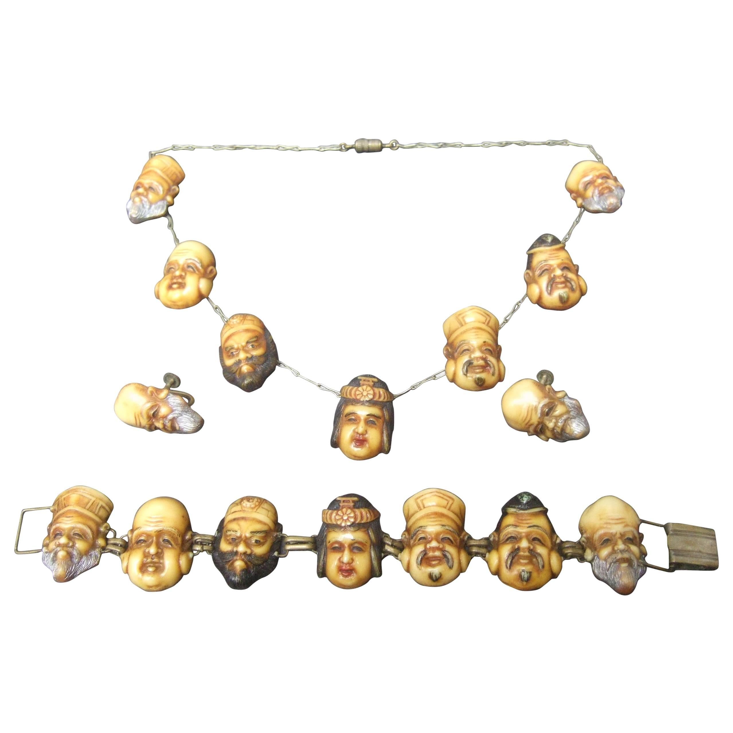 Seven Japanese Gods of Good Fortune Necklace Set c 1940s
