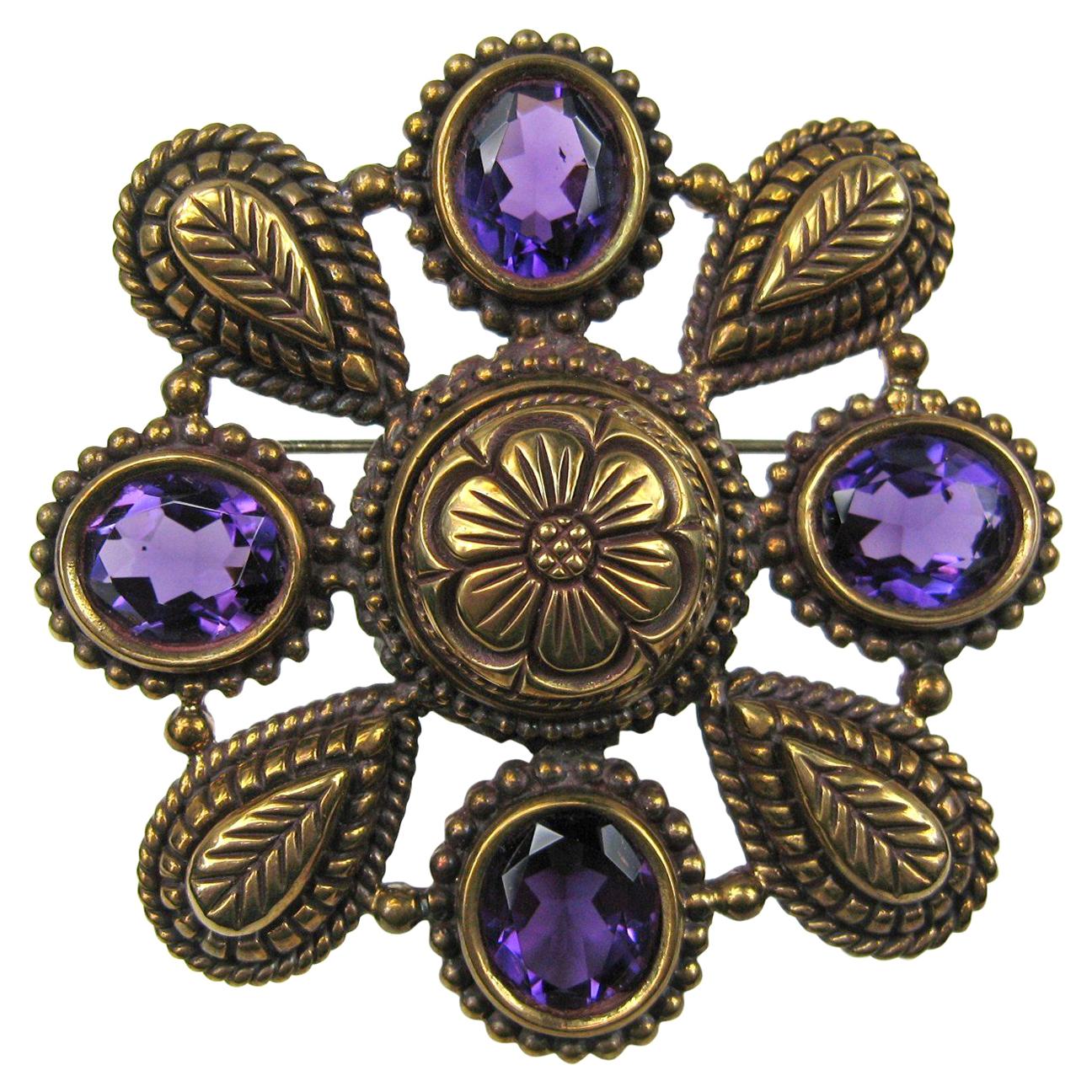  Sterling Silver Bronze Amethyst Brooch Stephen Dweck New, Never Worn 1990s