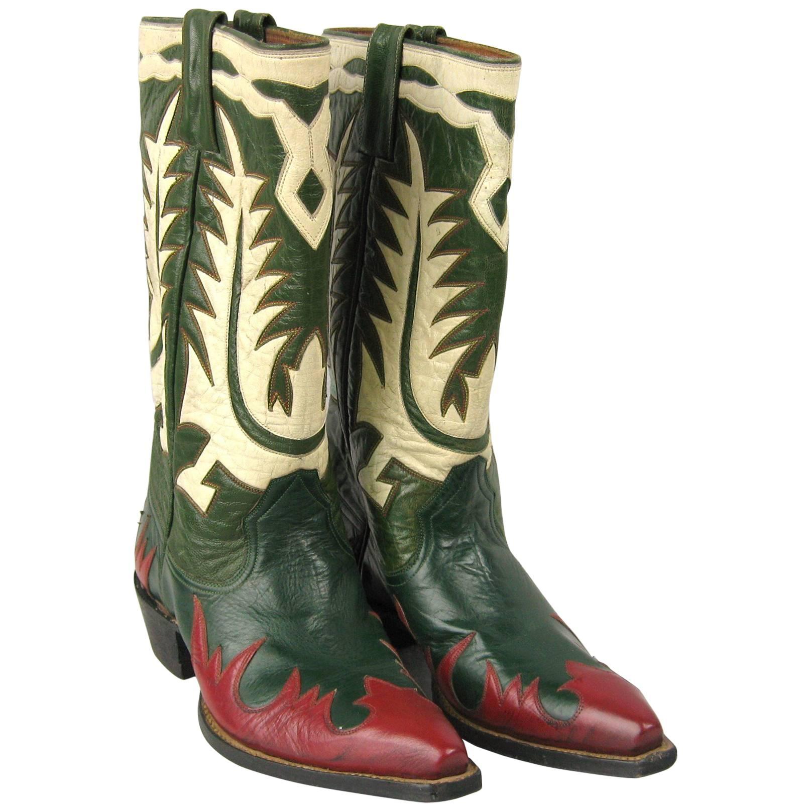 1950s Hand made Green Red White Leather Cowboy Boots 6.5 