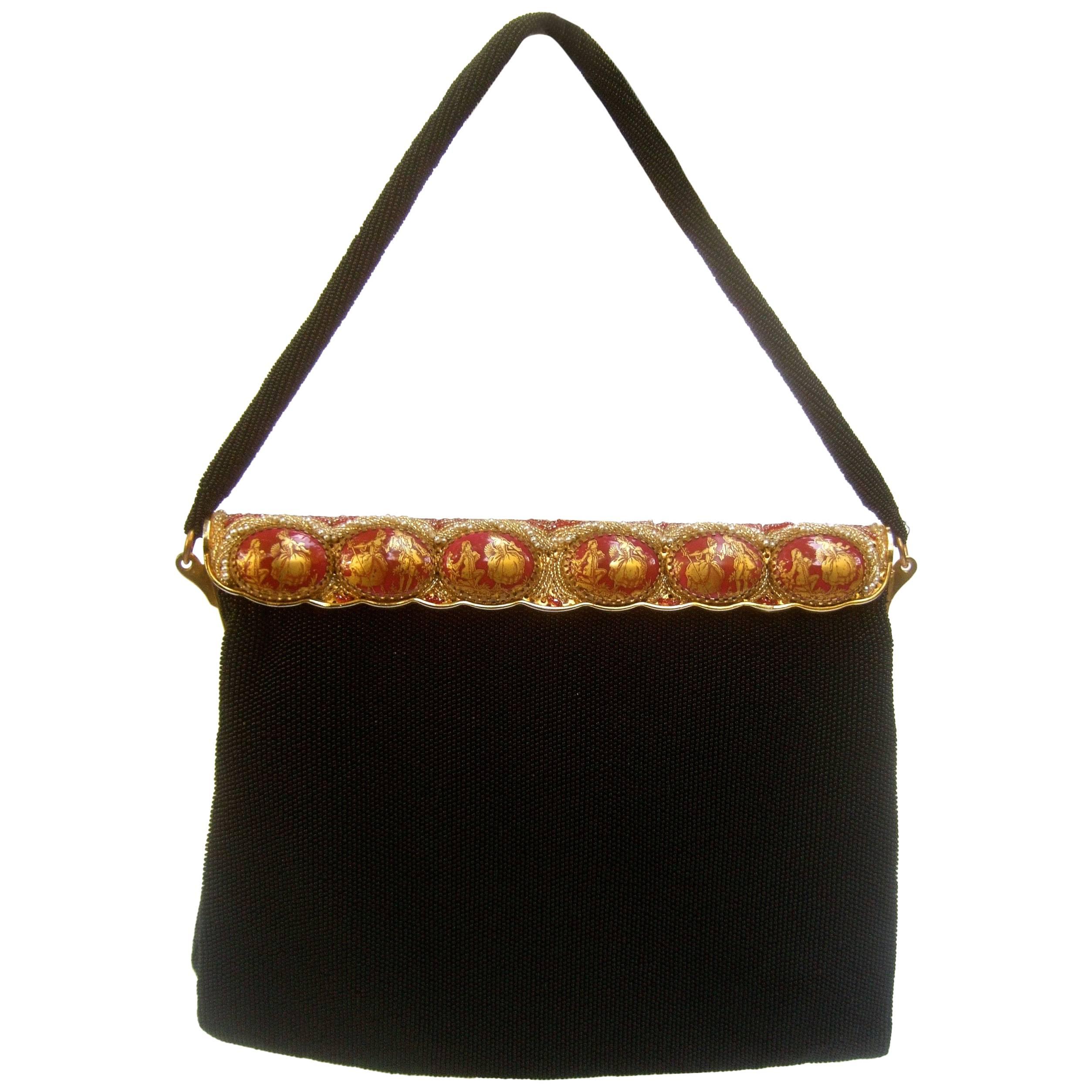 Opulent French Ebony Glass Beaded Evening Bag c 1960s  For Sale