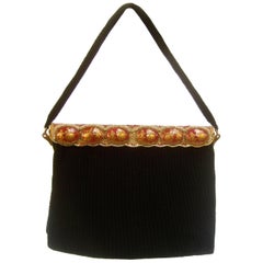 Antique Opulent French Ebony Glass Beaded Evening Bag c 1960s 