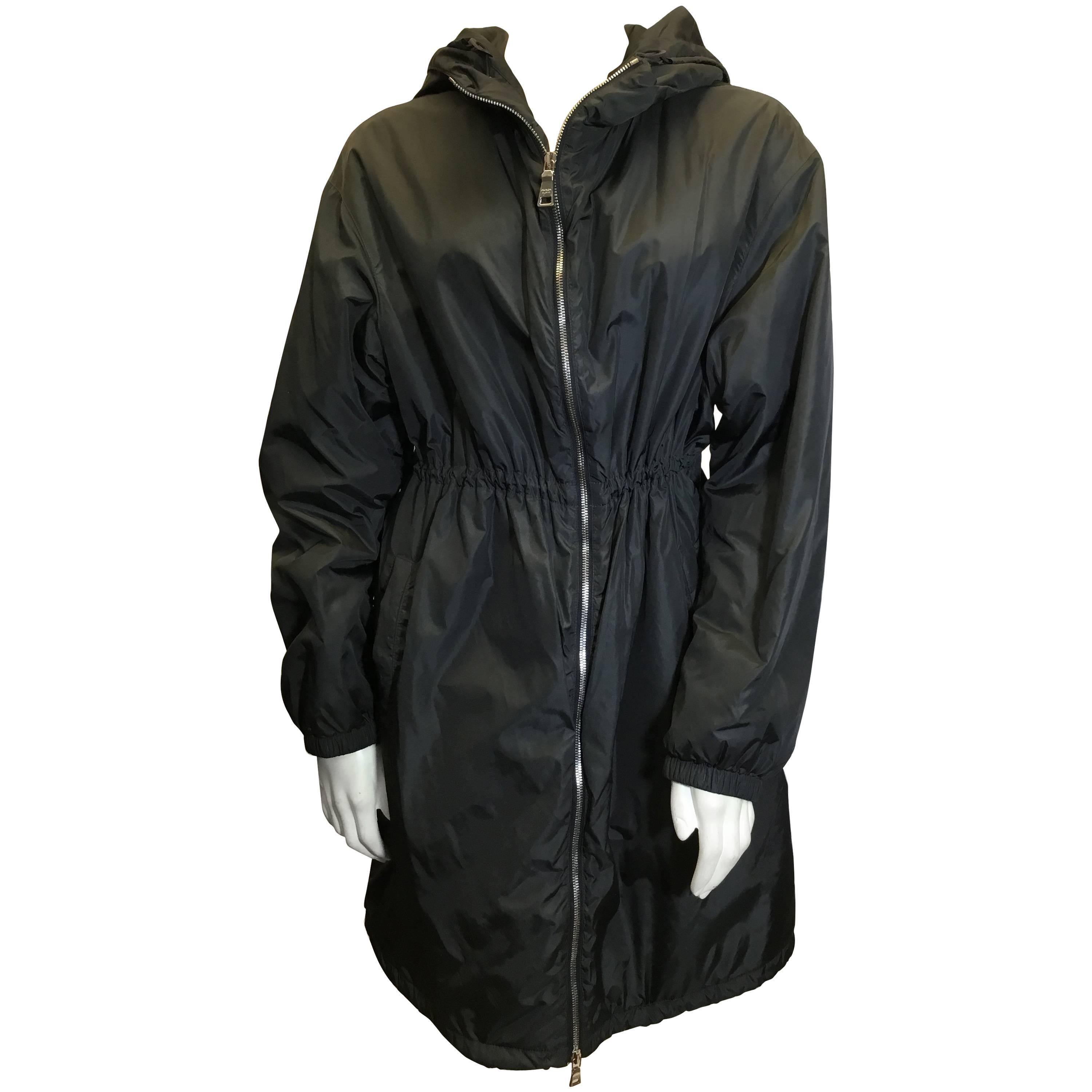 Prada Black Cinched Hooded Coat For Sale