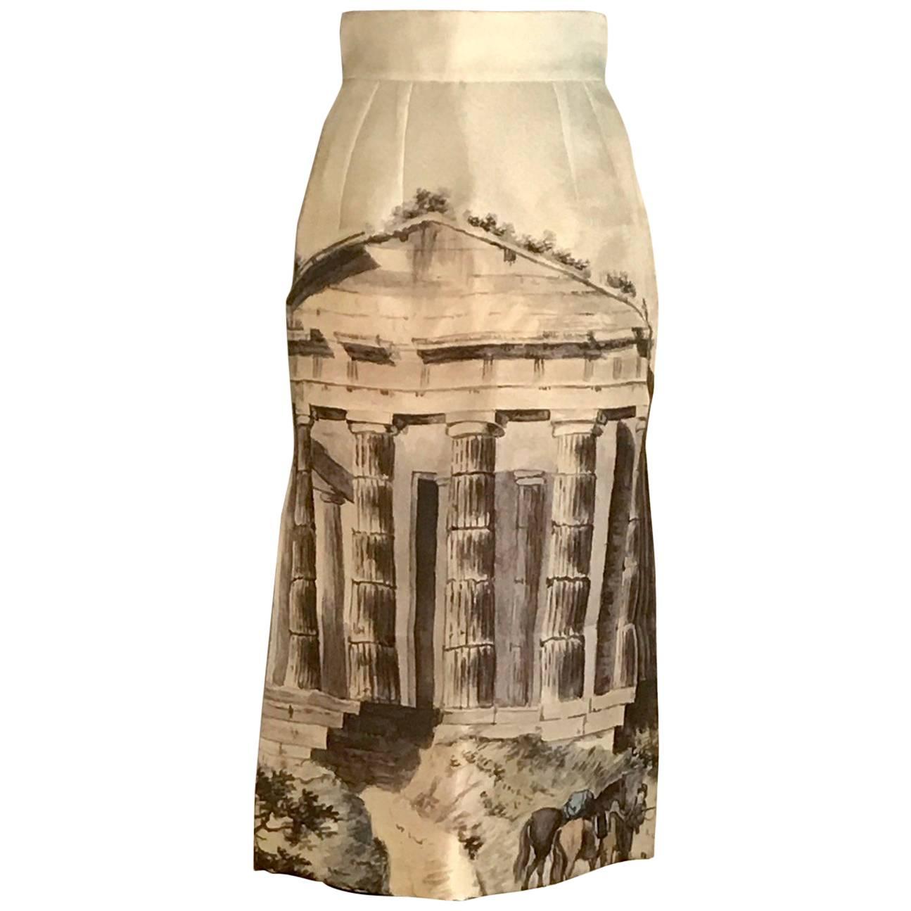 Dolce 
Gabbana New Cream Silk Greek Ruins Temple Column Pencil Skirt, 2014