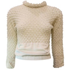 1960s Cream Knit Beaded Long Sleeve Top