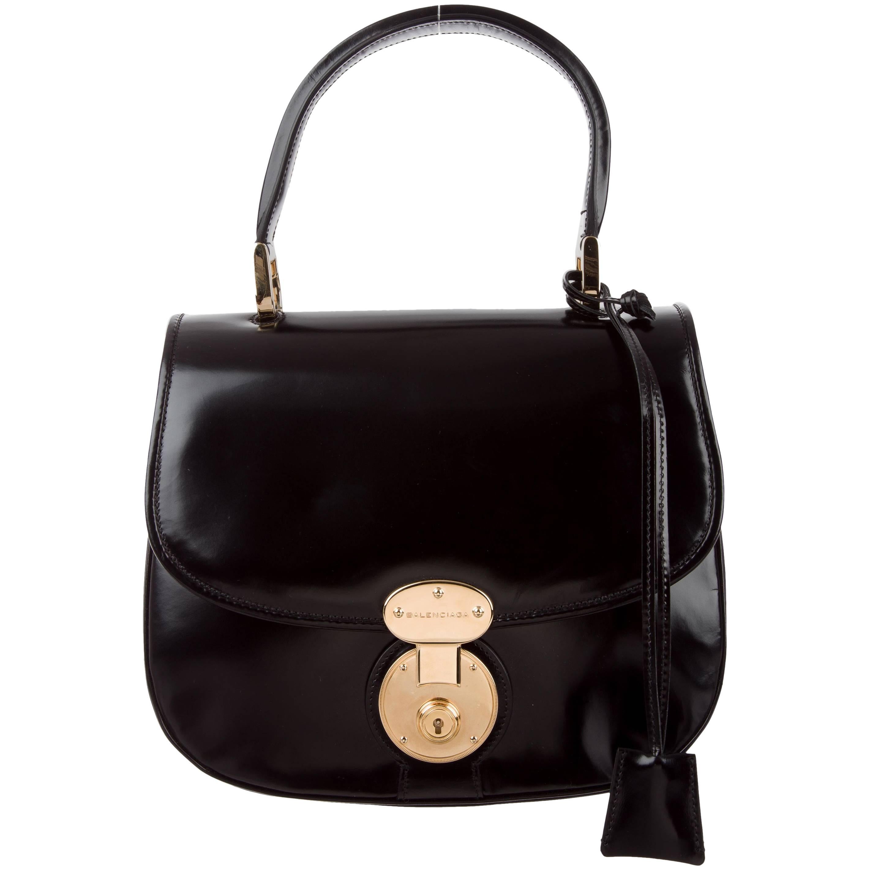 Balenciaga Black Leather Gold Clock Kelly Top Handle Satchel Evening Flap Bag