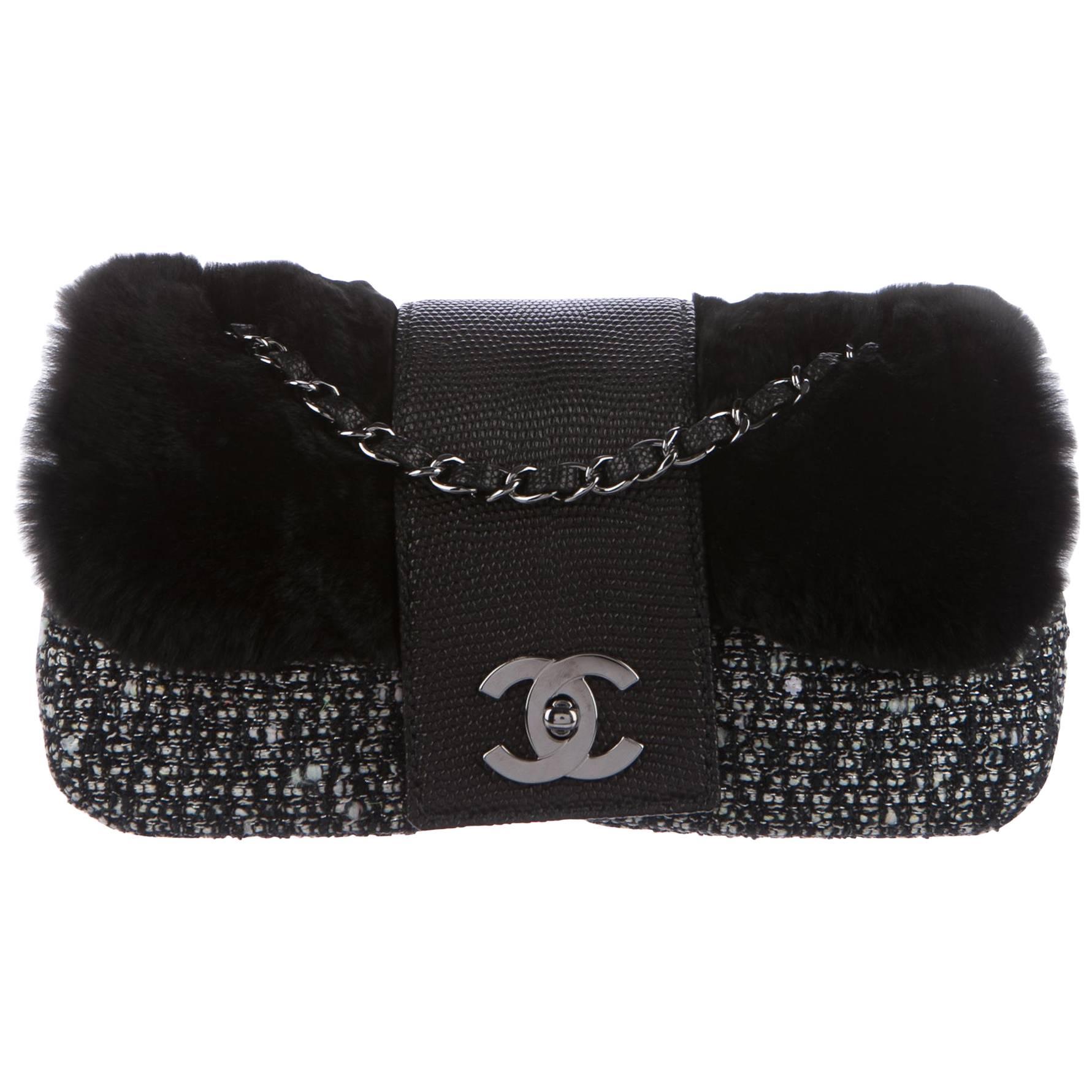 Chanel NEW Limited Edition Black Tweed Leather Lizard Fur Shoulder Flap Bag
