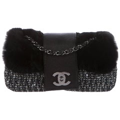 Chanel NEW Limited Edition Black Tweed Leather Lizard Fur Shoulder Flap Bag