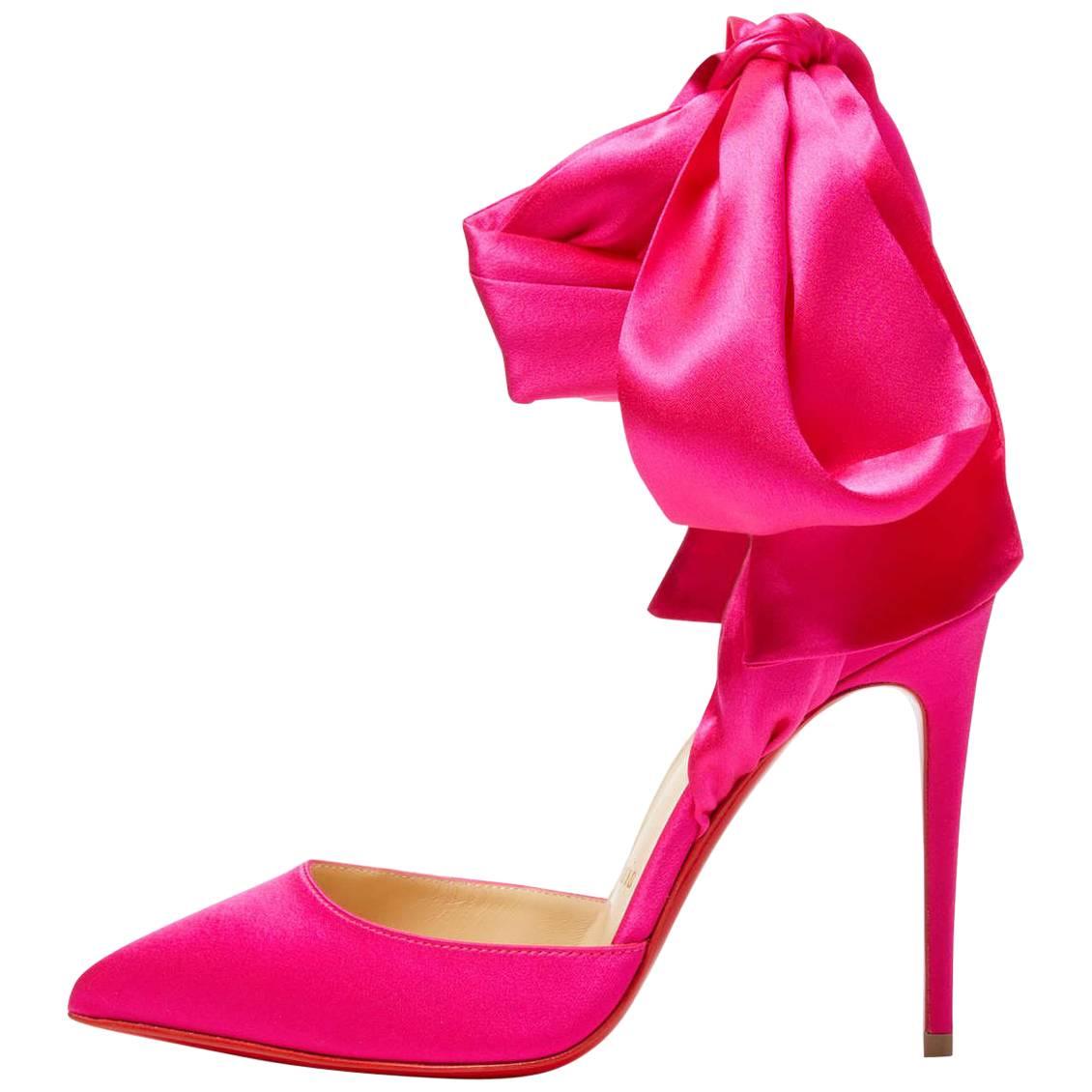 Christian Louboutin NEW Hot Pink Satin Bow Evening Sandals Pumps Heels ...