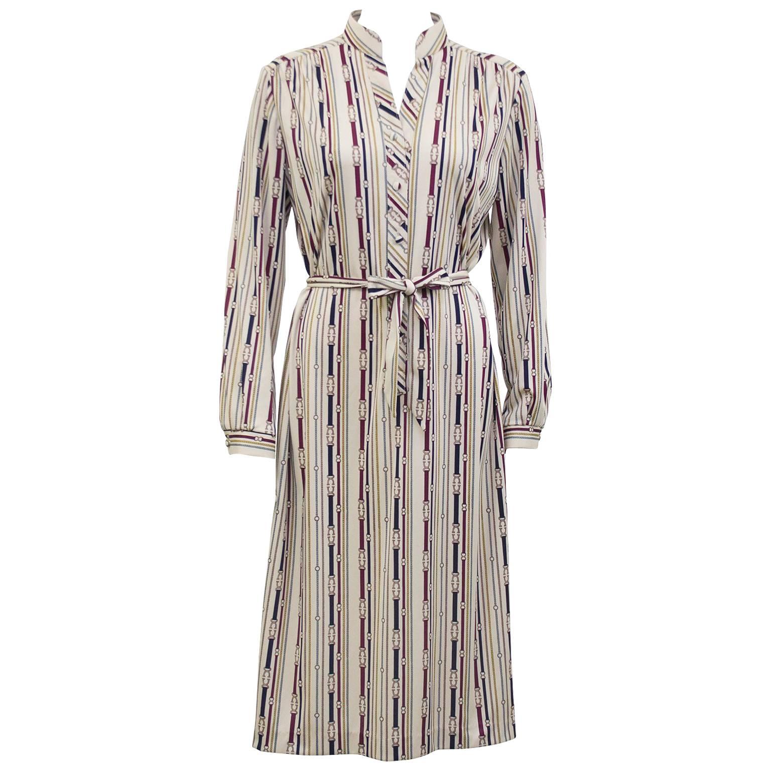 1970s Lanvin Beige Long Sleeve Printed Dress 