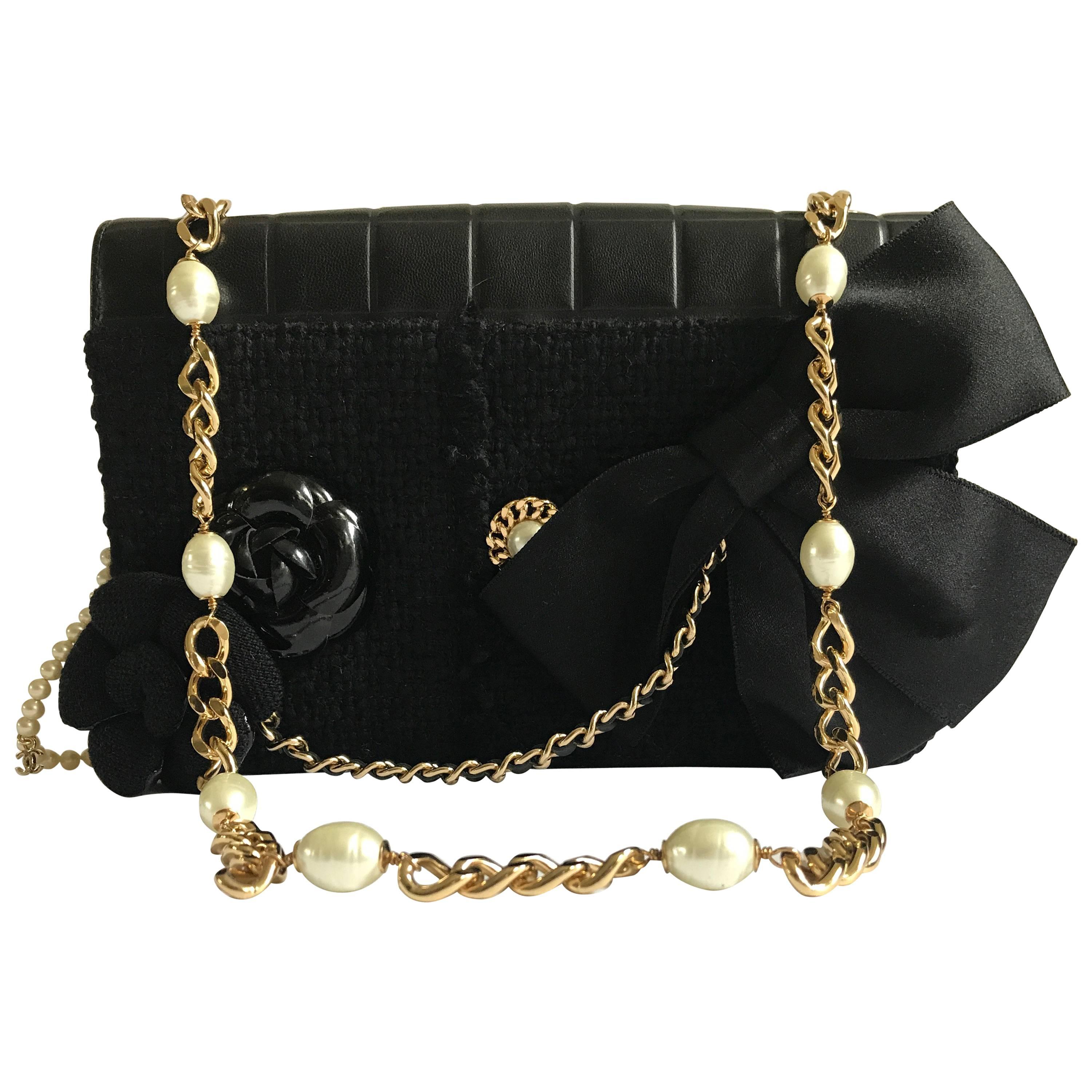 Chanel Black Leather And Tweed Flap Bag With Removable Camellias And Bow
