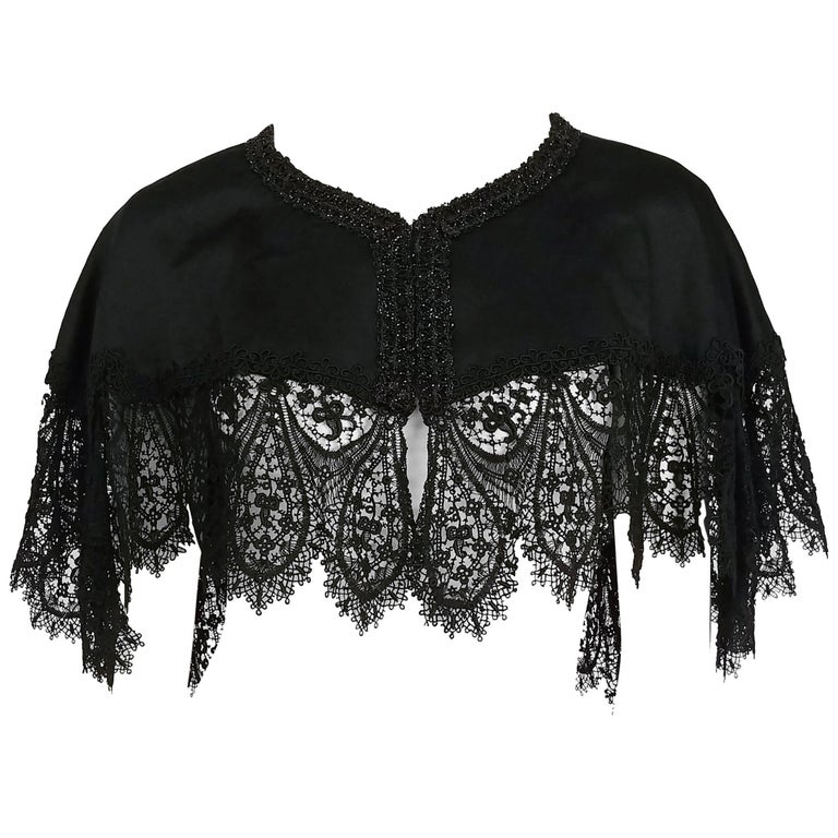 Victorian Black Beaded Battenburg Lace Mourning Capelet