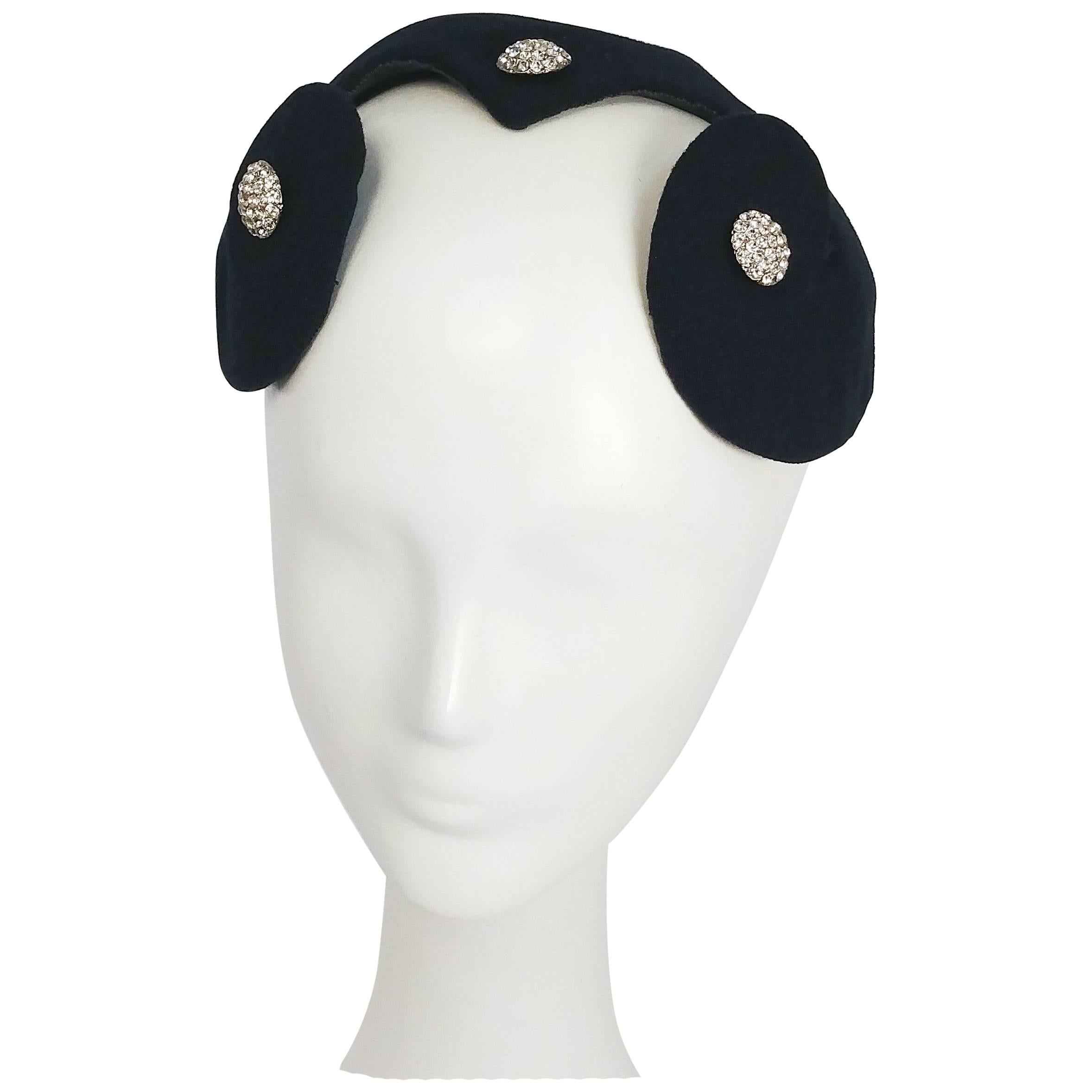 1950s Navy Hat with Cutouts and Rhinestone Buttons