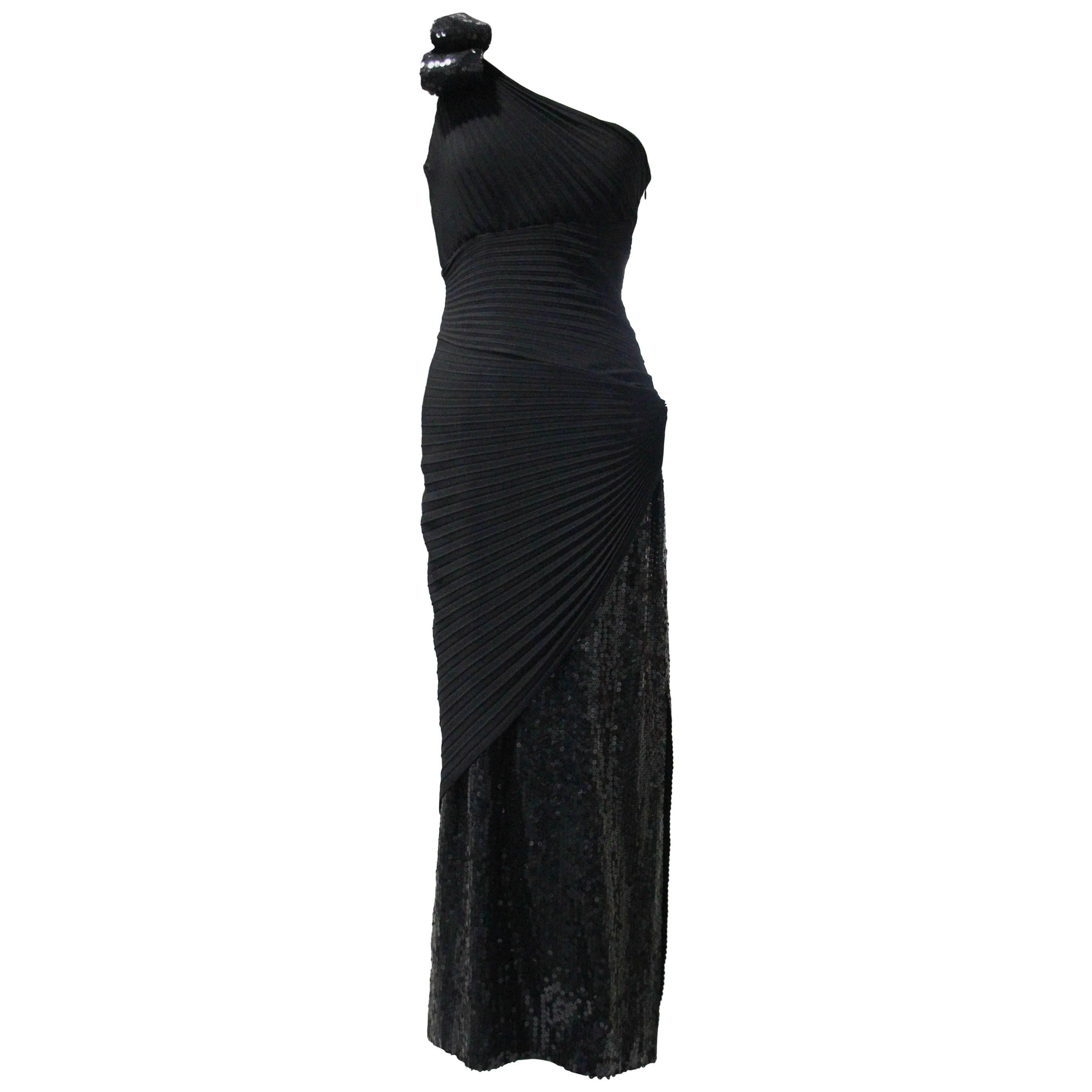 1970s Lorris Azzaro Black Rayon Crepe One-Shoulder Sequin Panel Pleated Gown  For Sale