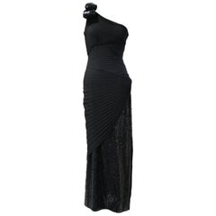 1970s Lorris Azzaro Black Rayon Crepe One-Shoulder Sequin Panel Pleated Gown 