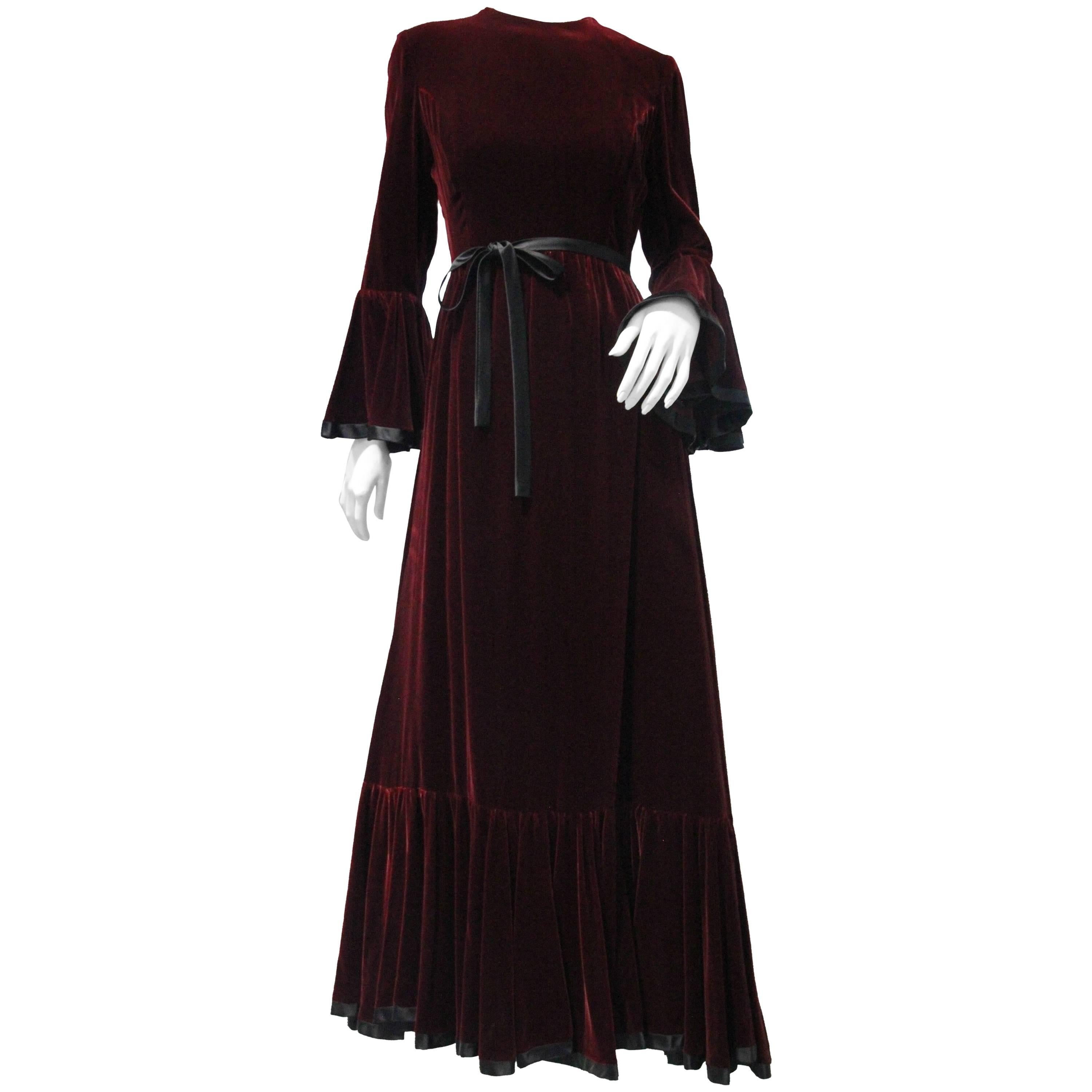 Late 1960s Ferdinando Sarmi Burgundy Velvet Gown with Flared Cuffs and Hem For Sale