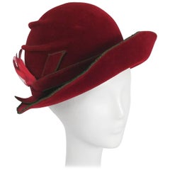 1960s Irene of New York Red Fur Velvet Hat with Green Trim 