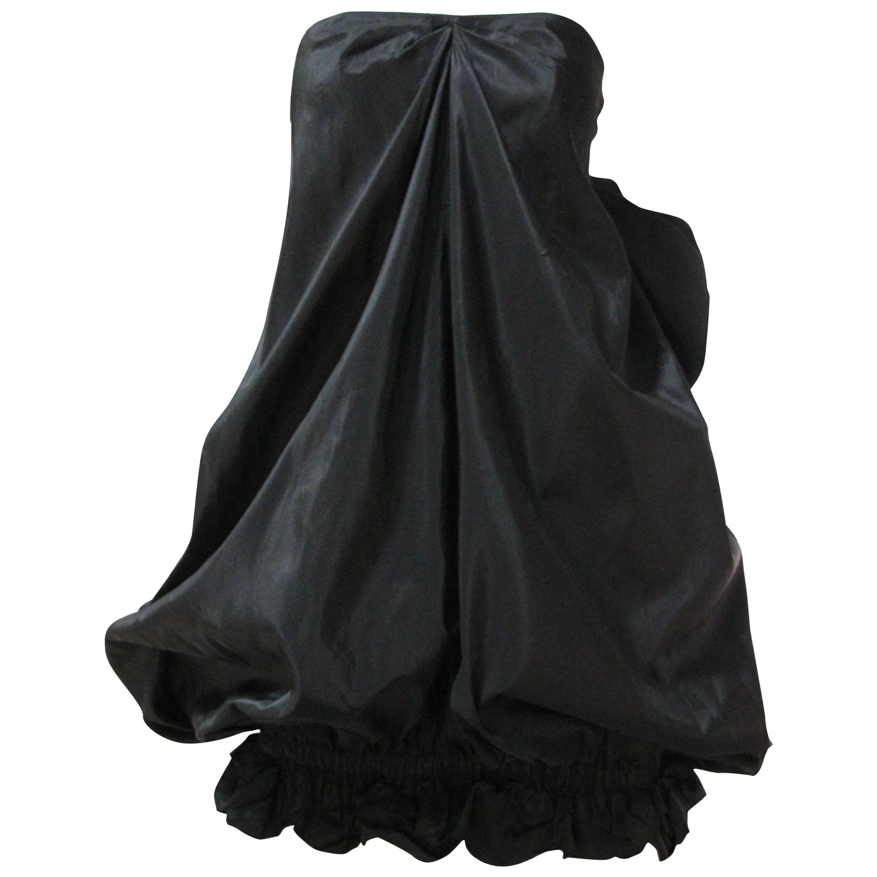 Early 1980s Yves Saint Laurent Black Silk Taffeta Strapless Bubble Mini Dress 