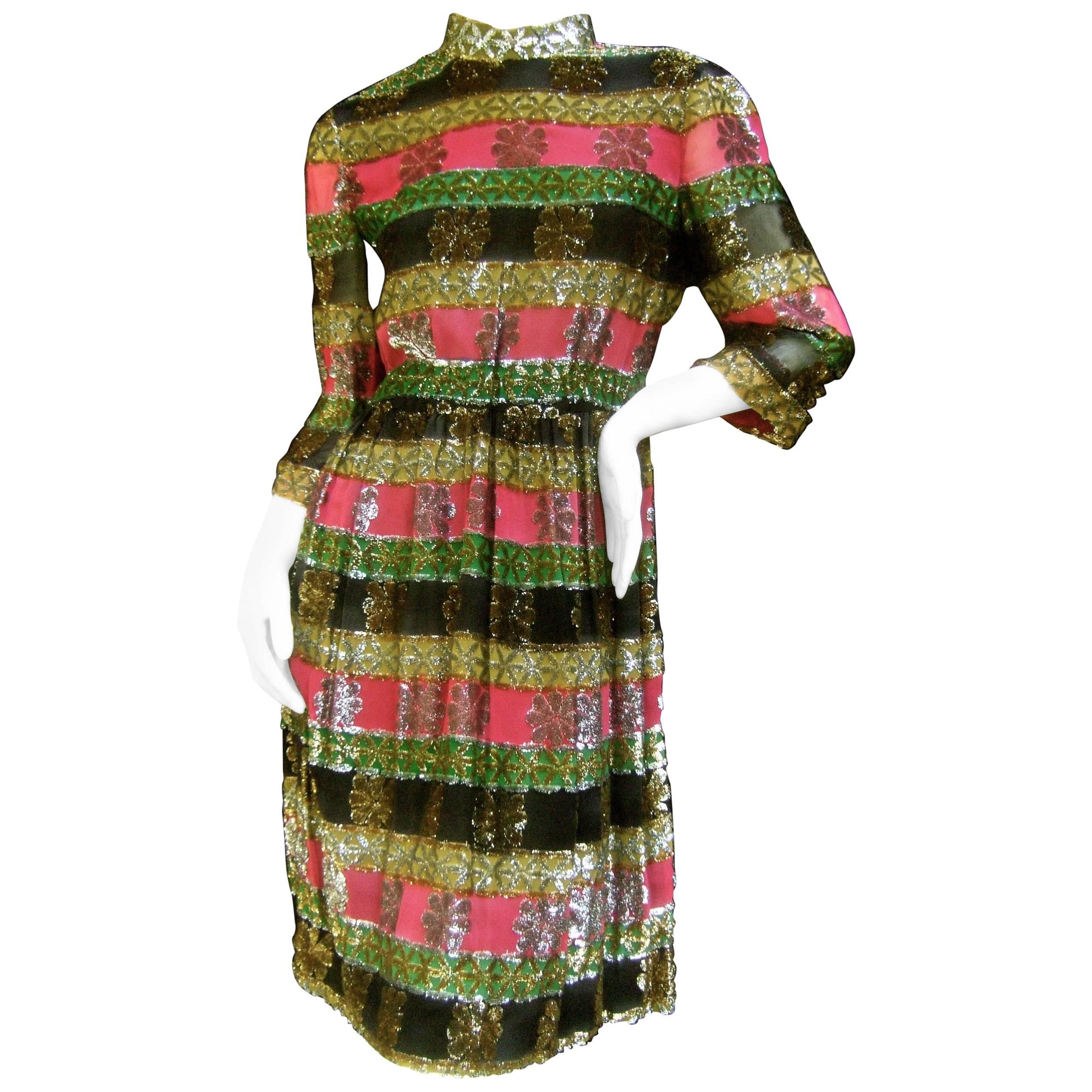 Elegant Silk Devore Metallic Striped Dress by Montaldo's c 1970s