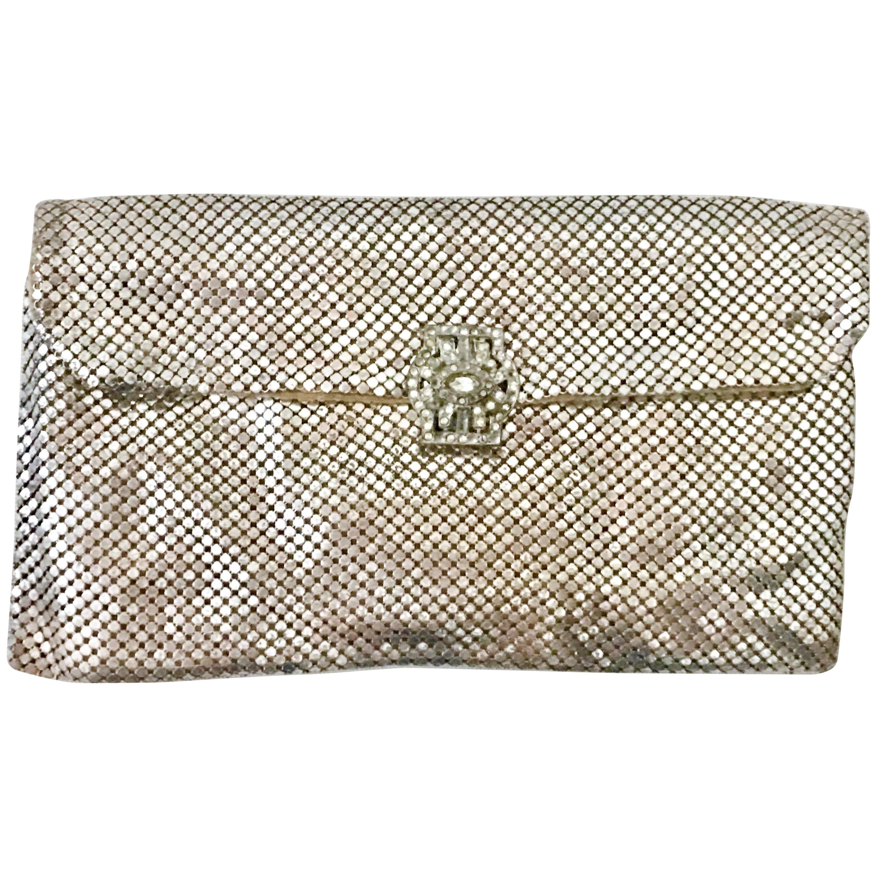 Mid-Century Art Deco Silver Metal Mesh & Austrian Crystal Paste Evening Bag