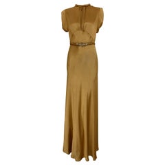 1930s Old Hollywood Glamour Gold Satin Gown with Belt