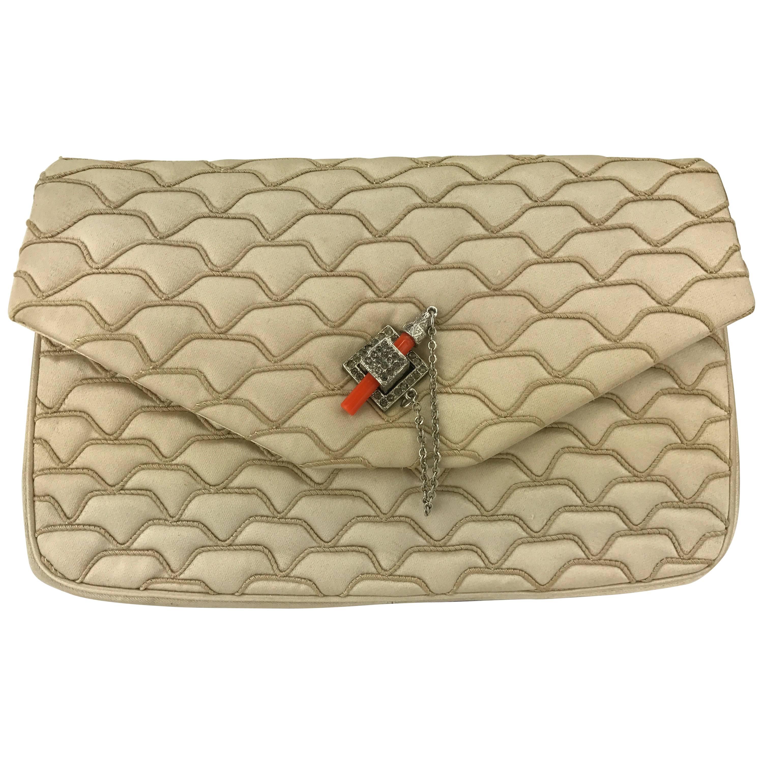 Judith Leiber Quilted Champagne Silk Bag with Faux Coral Clasp, 1980's