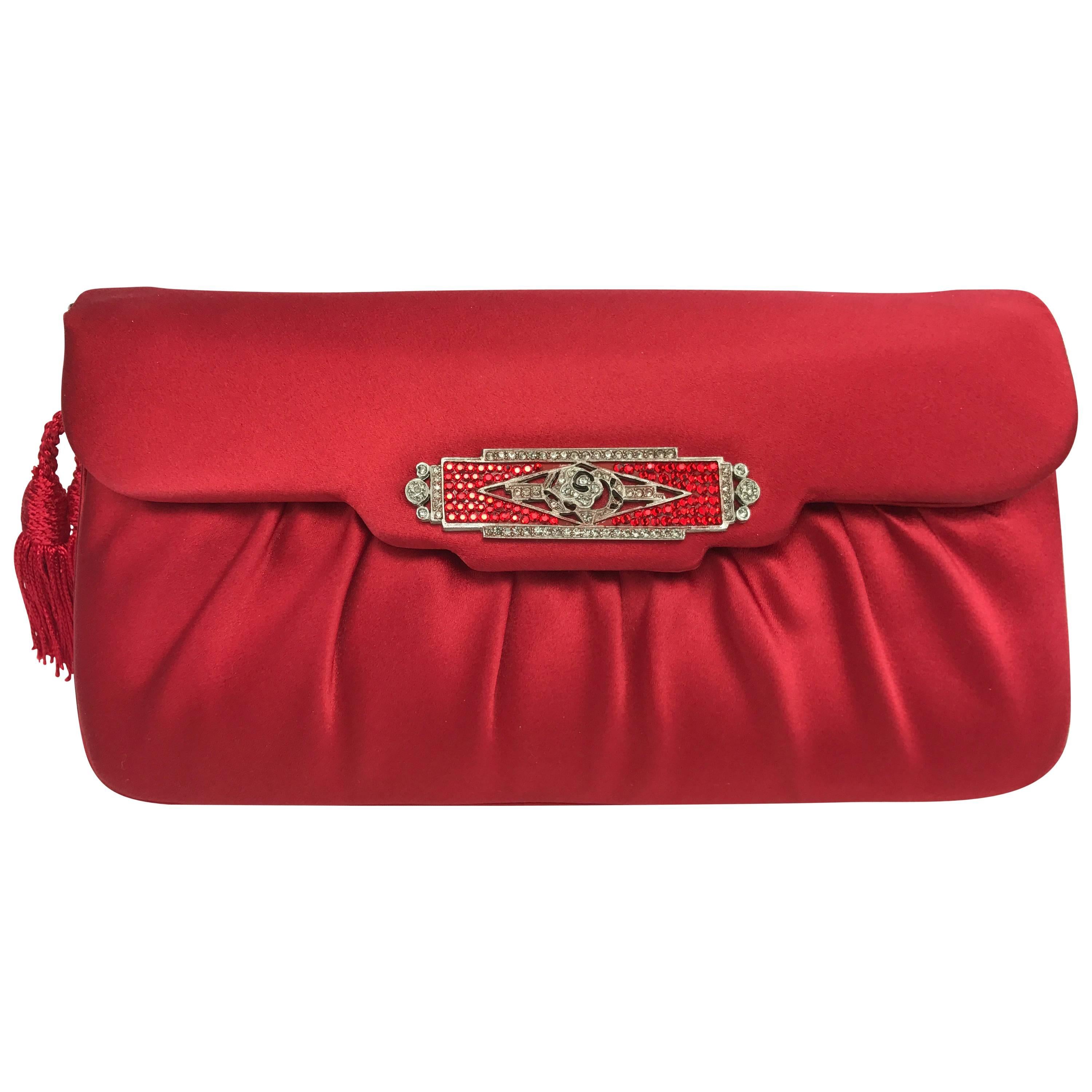 Judith Leiber Red Silk Handbag with Art Deco Style Crystal Clasp. 1980
s.