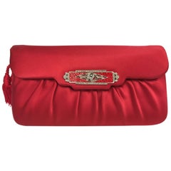 Vintage Judith Leiber Red Silk Handbag with Art Deco Style Crystal Clasp. 1980's.