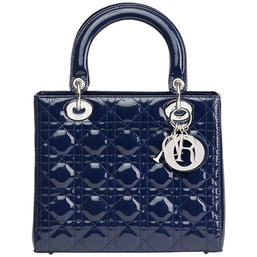2009 Christian Dior Sapphire Blue Quilted Patent Leather Medium Lady Dior 