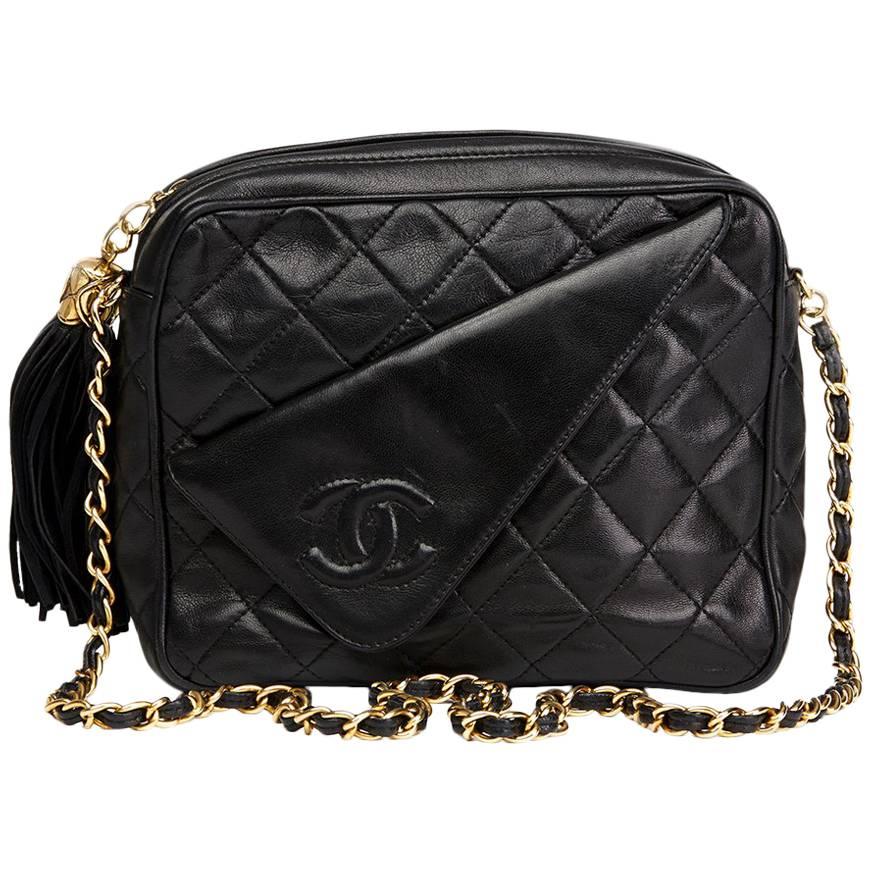 1990's Chanel Black Quilted Lambskin Vintage Tassel Camera Bag 