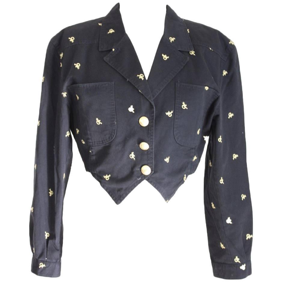 Roccobarocco vintage bolero short jacket women black size 42 cotton 1970s italy For Sale