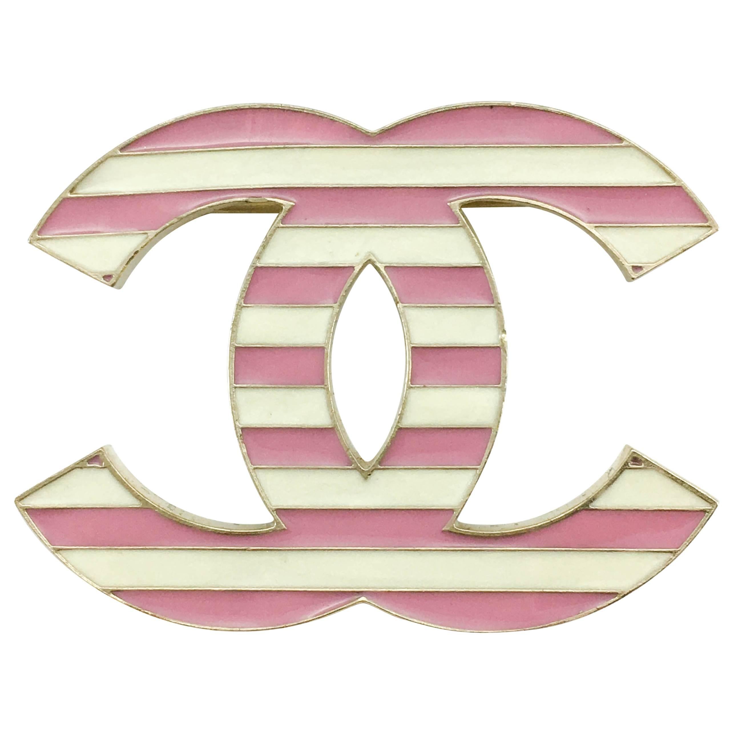 2013 Chanel Pink and White Enamel Stripy Brooch