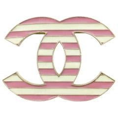 2013 Chanel Pink and White Enamel Stripy Brooch