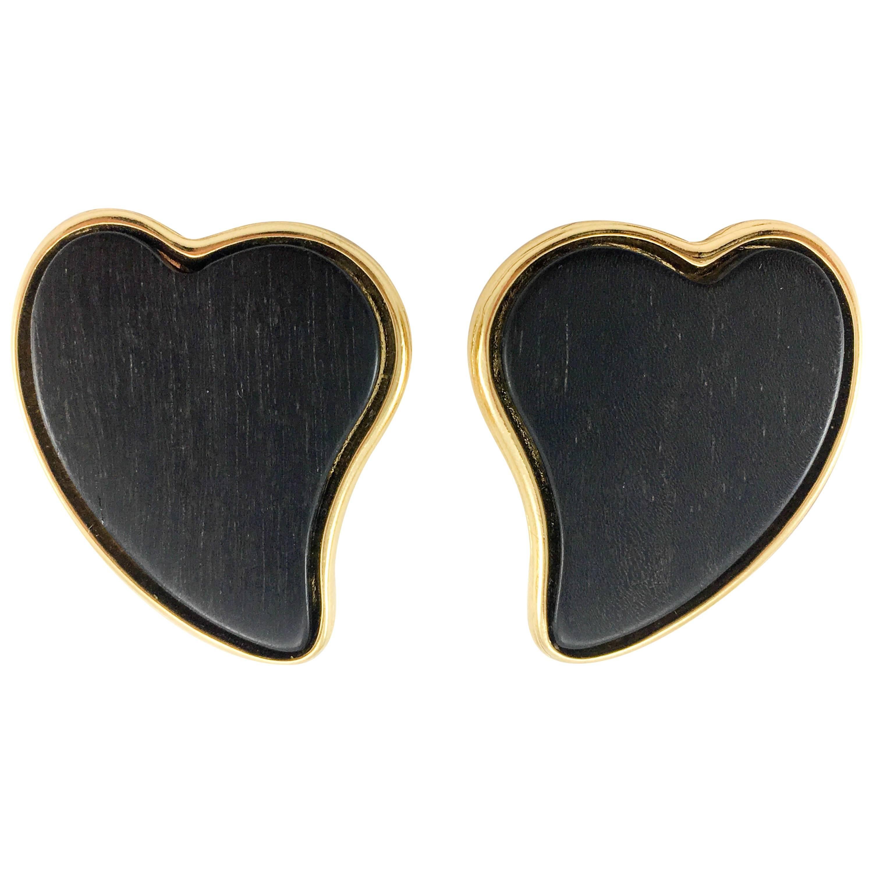 1980's Yves Saint Laurent Black-Wood Heart Earrings