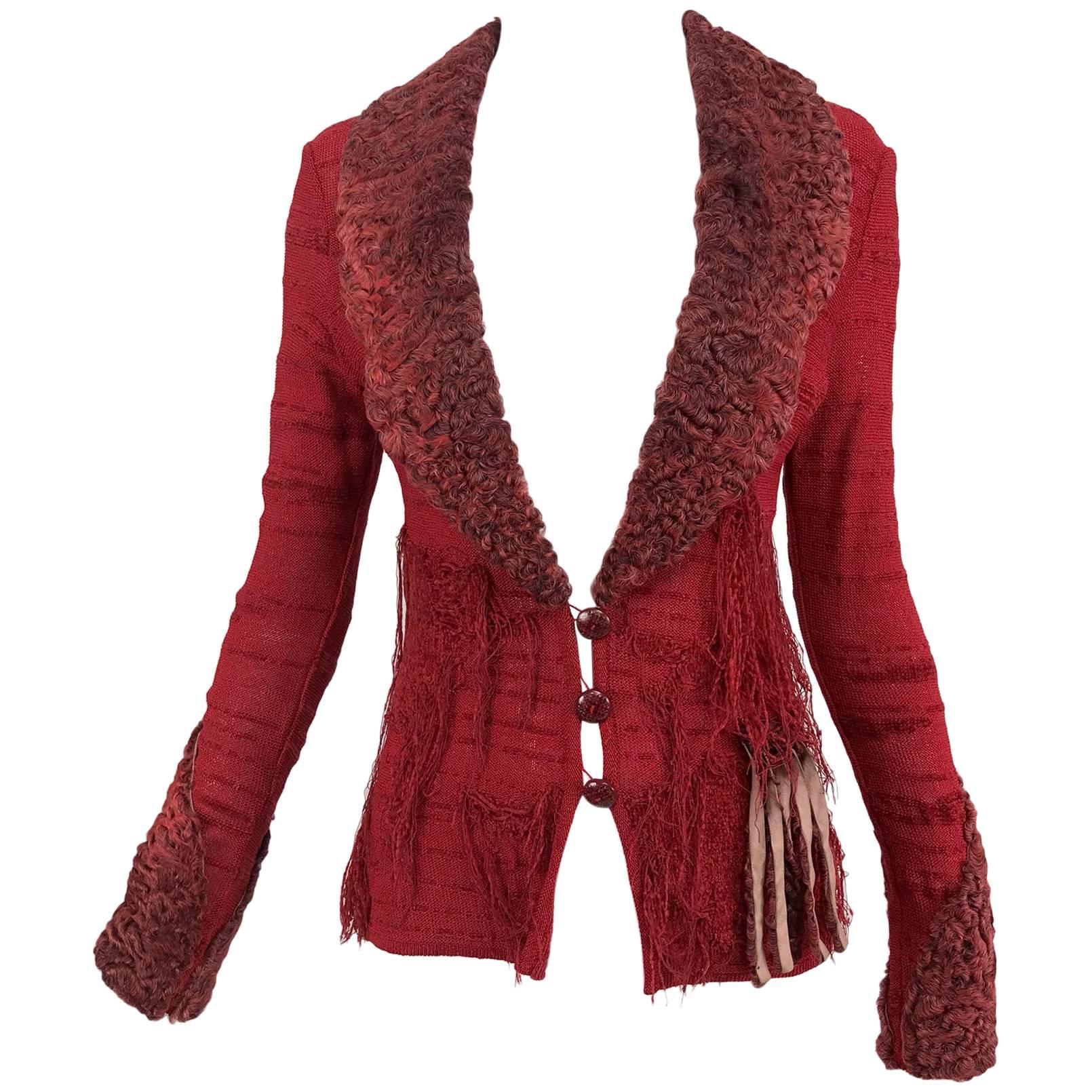 Christian LaCroix Brick Red Cardigan Sweater with Dyed Lamb Fur Trim 