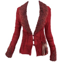 Christian LaCroix Pull cardigan rouge brique avec bordure en fourrure d'agneau teintée