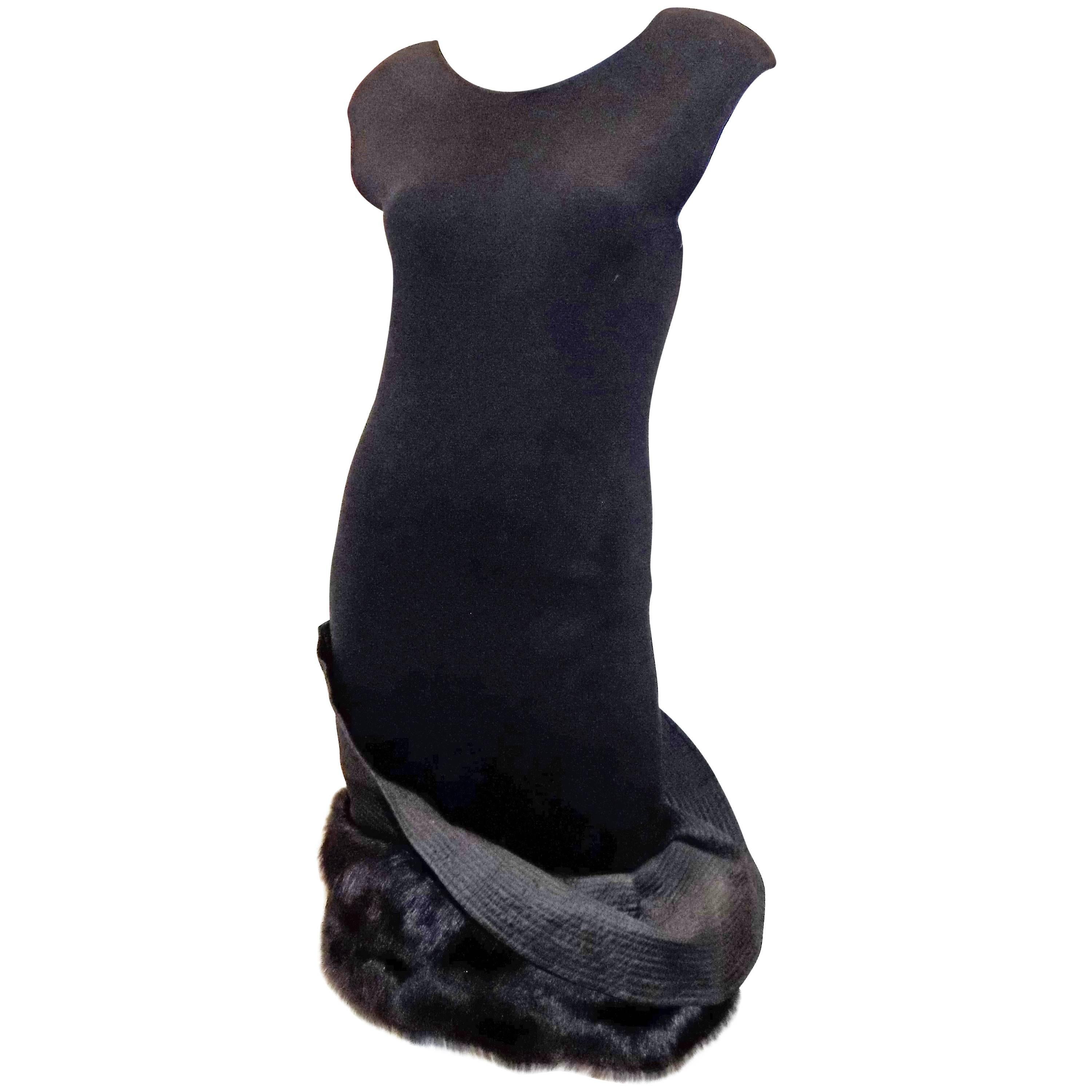 Gianfranco Ferre Vintage black knit cocktail dress with fox Fur trim For Sale
