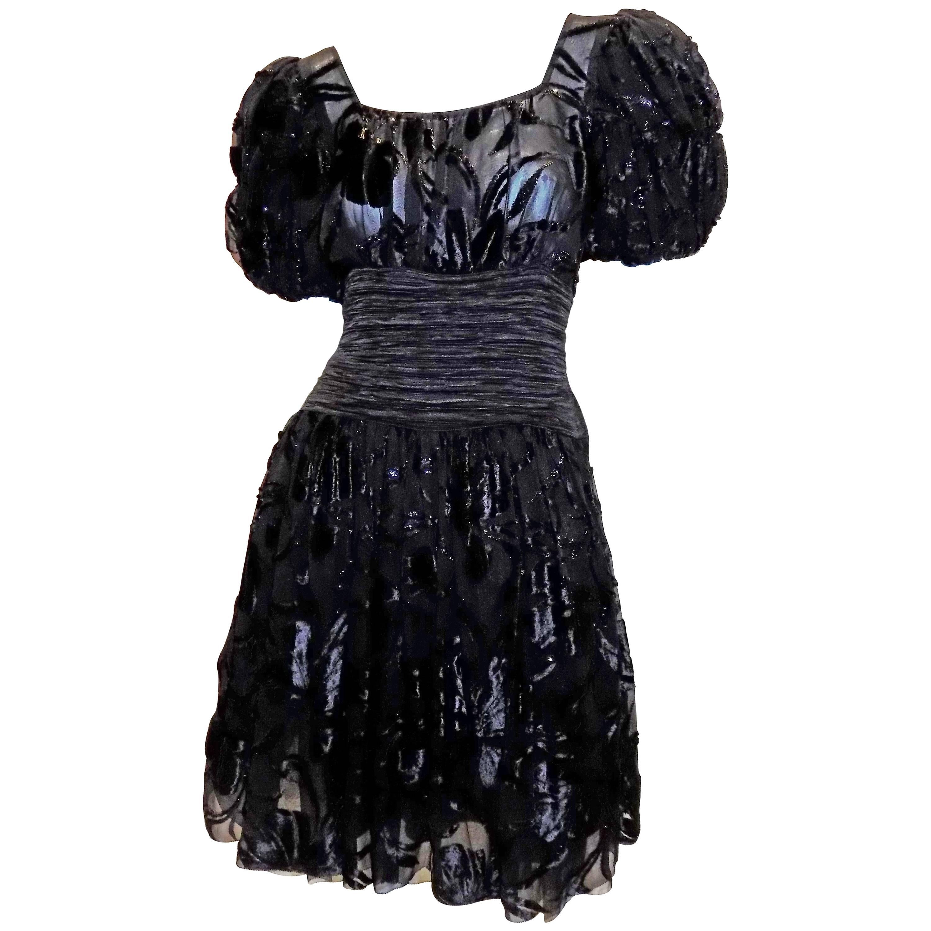 Mary McFadden  vintage black laser cut velvet cocktail dress For Sale
