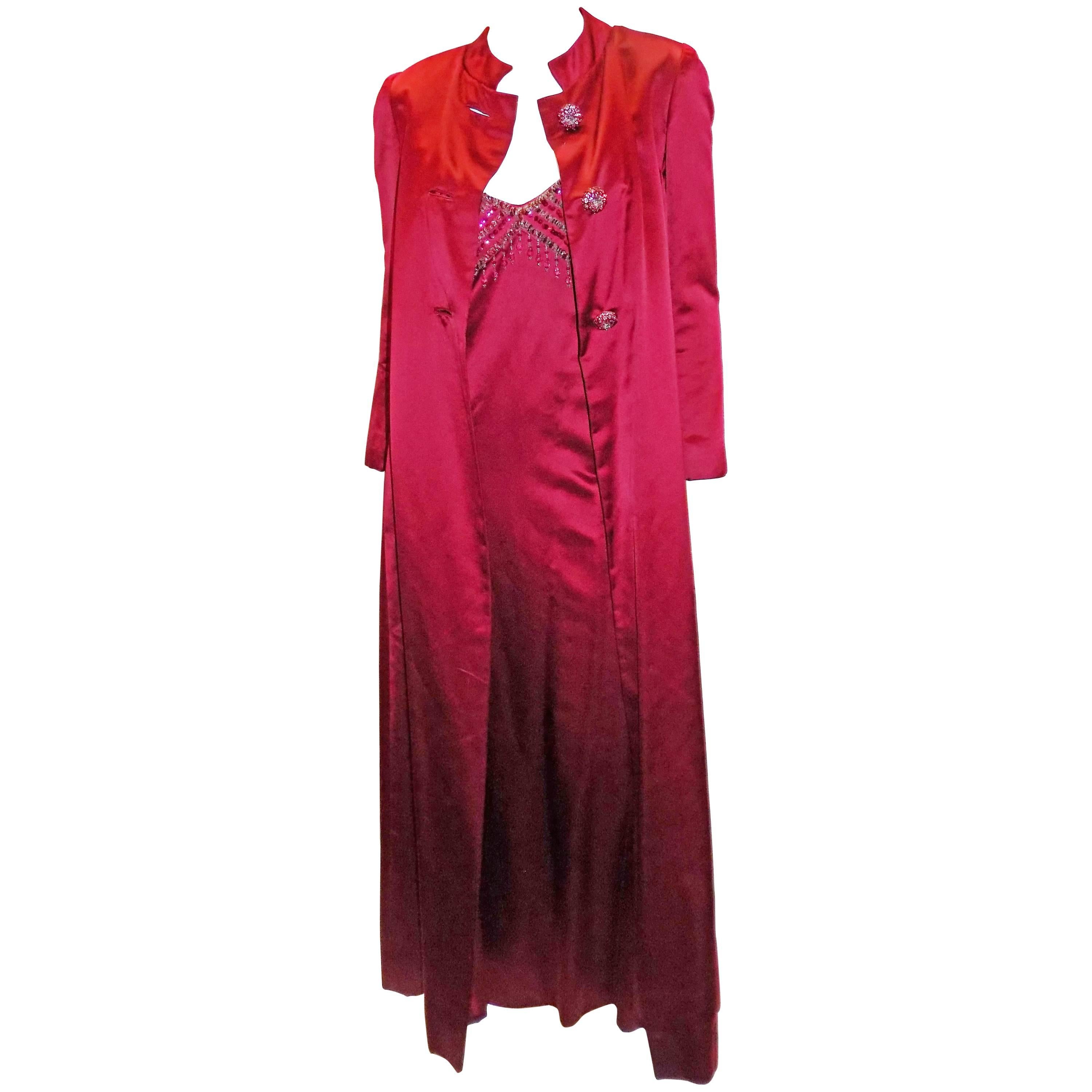 Malcom Starr floor length  evening coat and beaded dress 1960 For Sale