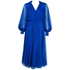 1973 Christian Dior Demi-Couture Sapphire Blue Silk Chiffon Billow-Sleeve Dress
