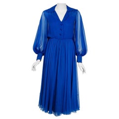 Vintage 1973 Christian Dior Couture Sapphire Blue Chiffon Billow-Sleeve Dress