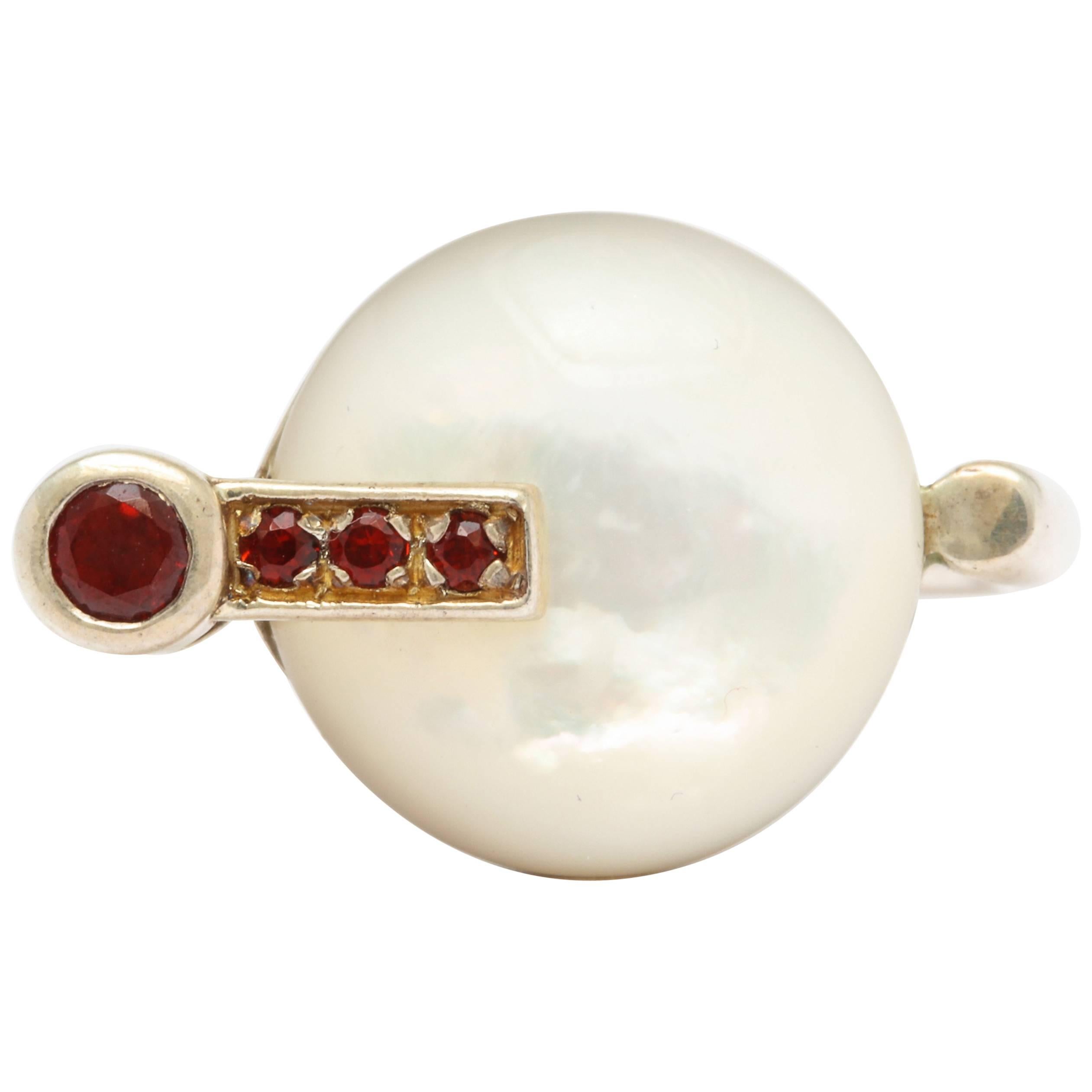 Modernist German Mother of Pearl and Garnet Silver Ring  For Sale