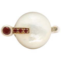 Modernist German Mother of Pearl and Garnet Silver Ring 
