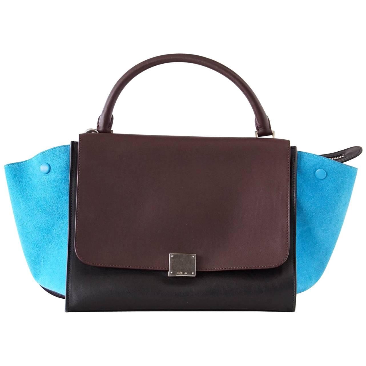 Celine Bag Trapeze Medium Tri Colour Black Brown Leather with Blue Suede