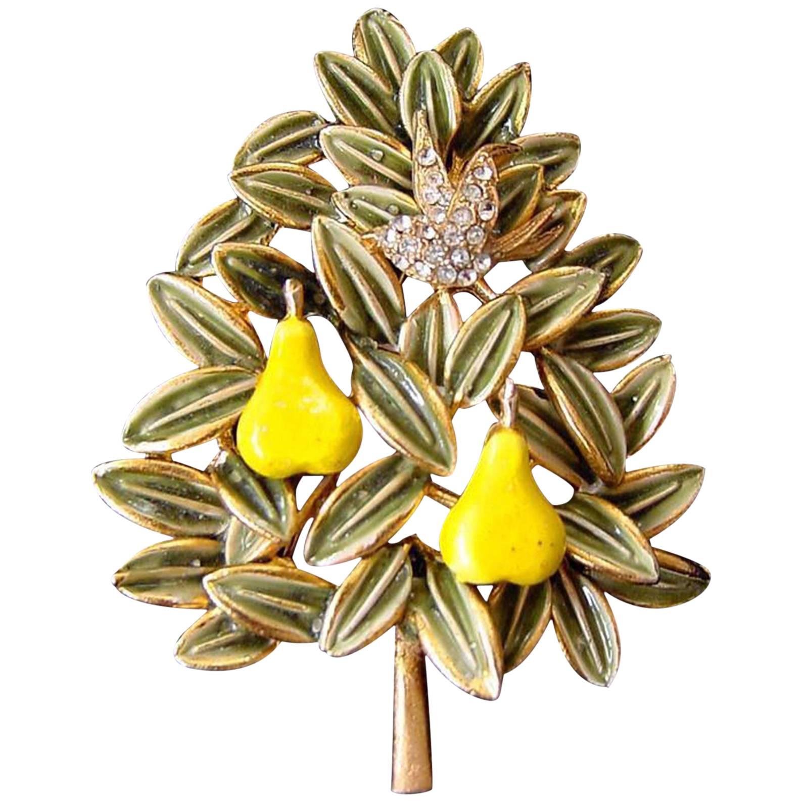 Cadoro Faux Diamond Partridge Bird in an Enamel Pear Tree Christmas Brooch Pin