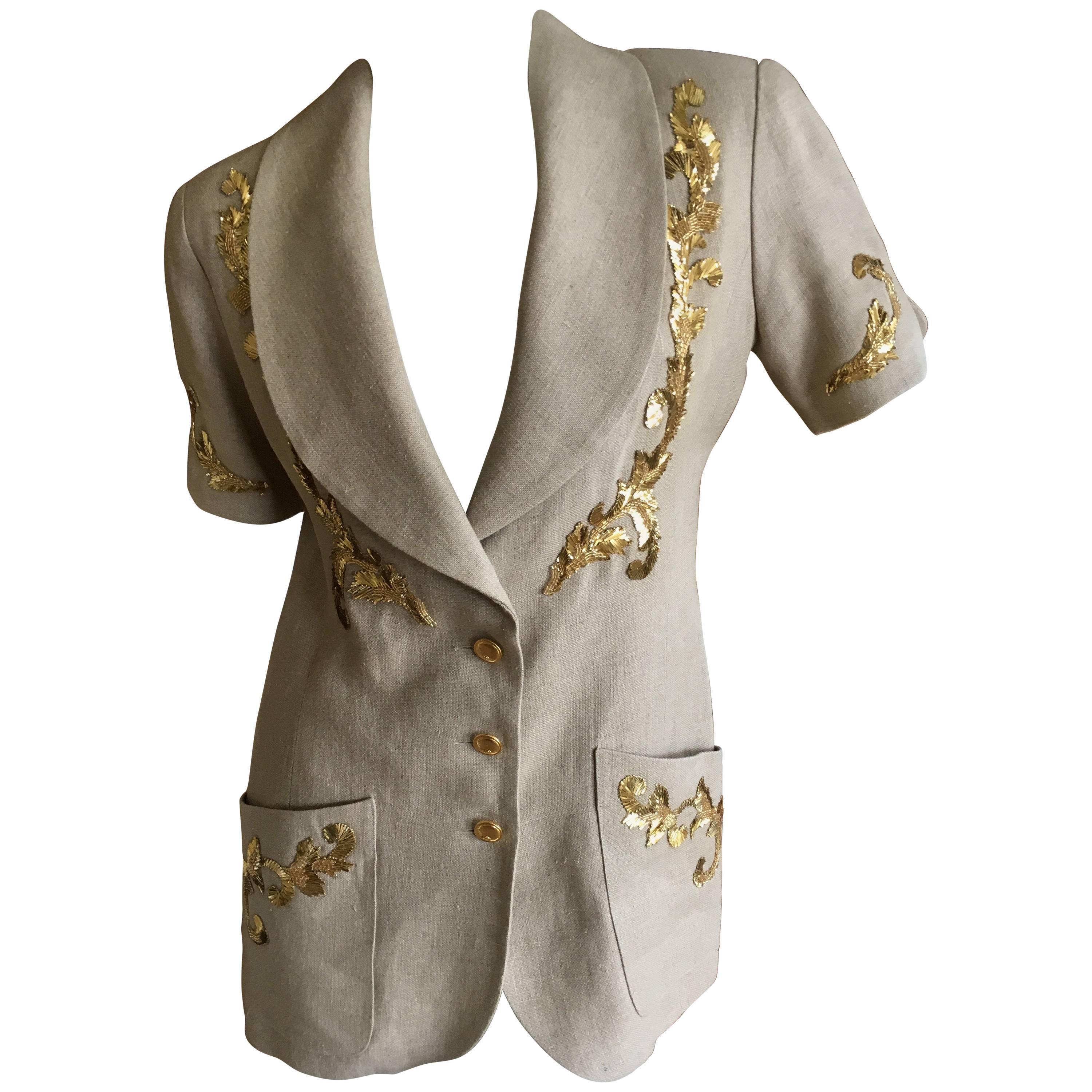 Chanel Vintage Linen Jacket with Lesage Gold Baroque Details For Sale