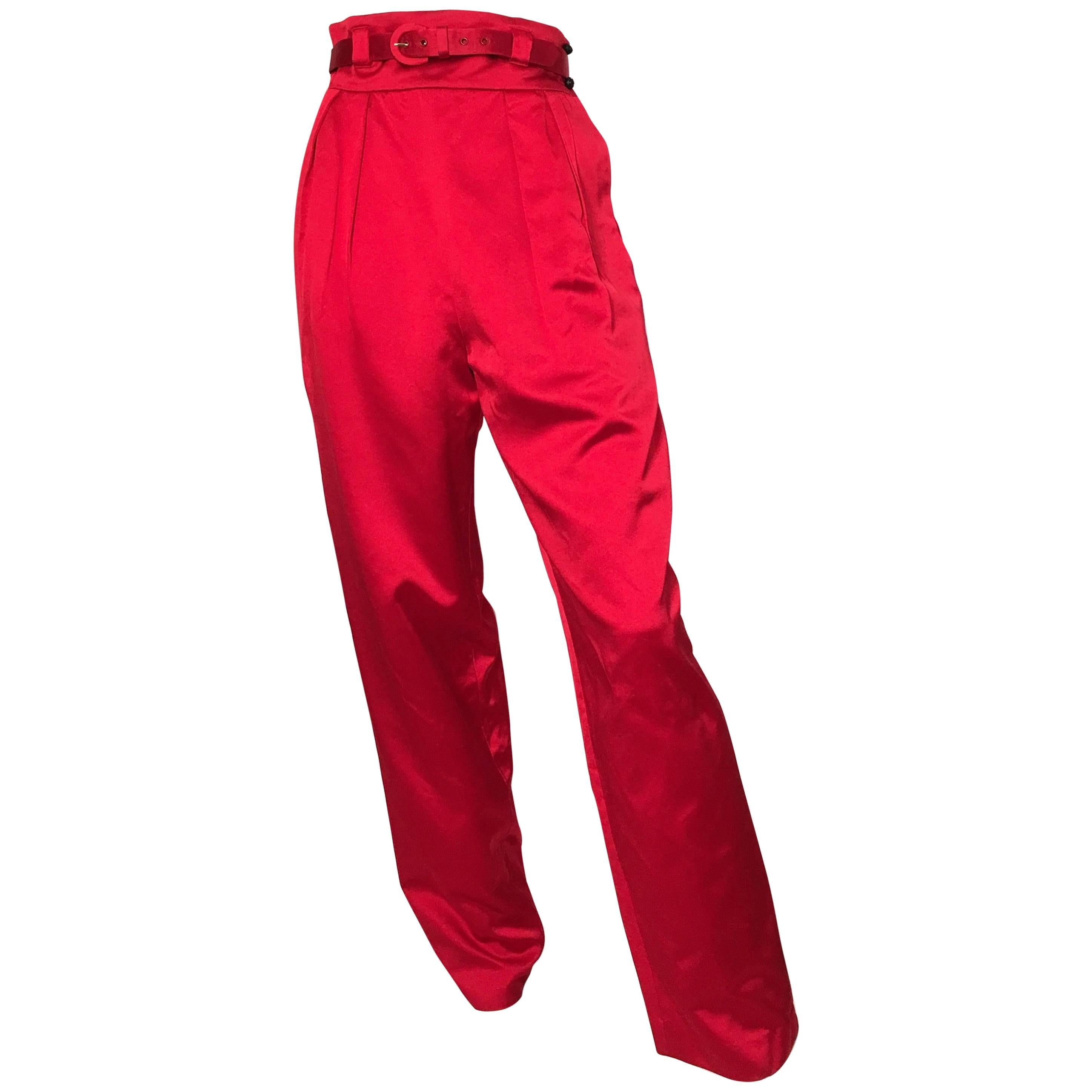 Bill Blass Red Satin Pleated Evening Pants with Pockets Size 4. For Sale