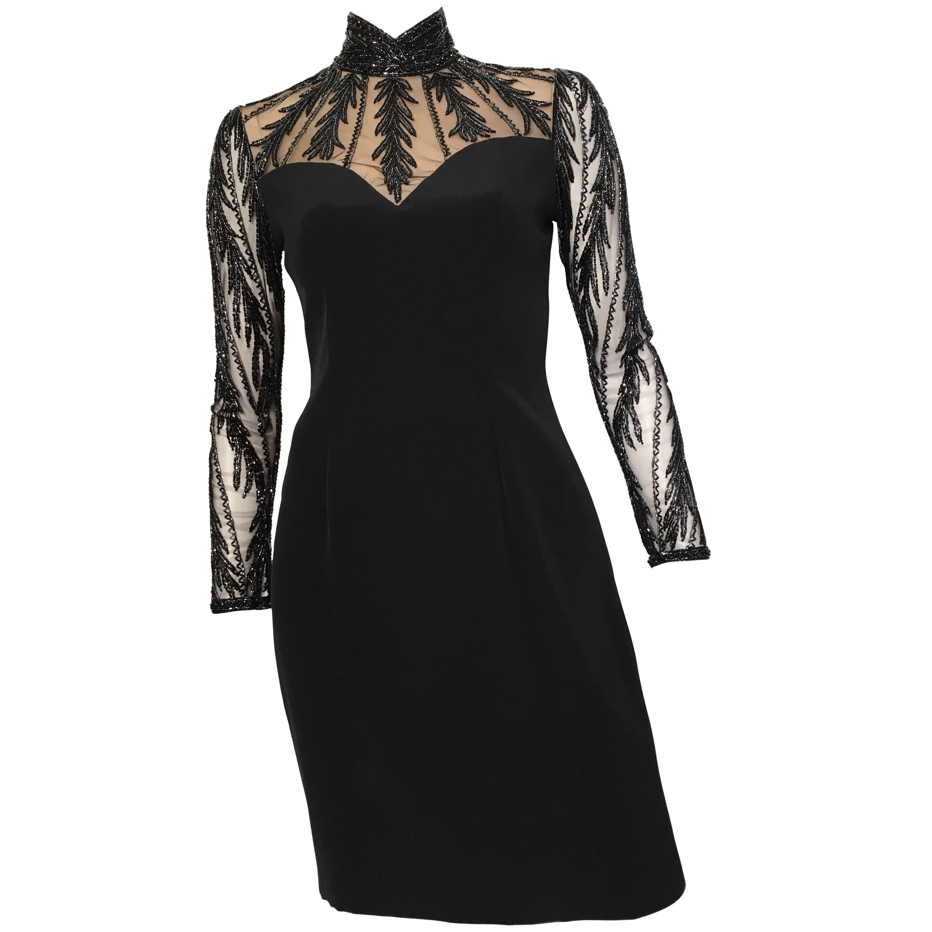 Bob Mackie for Lillie Rubin 1980s Black Beaded Evening Dress Size 4.  For Sale