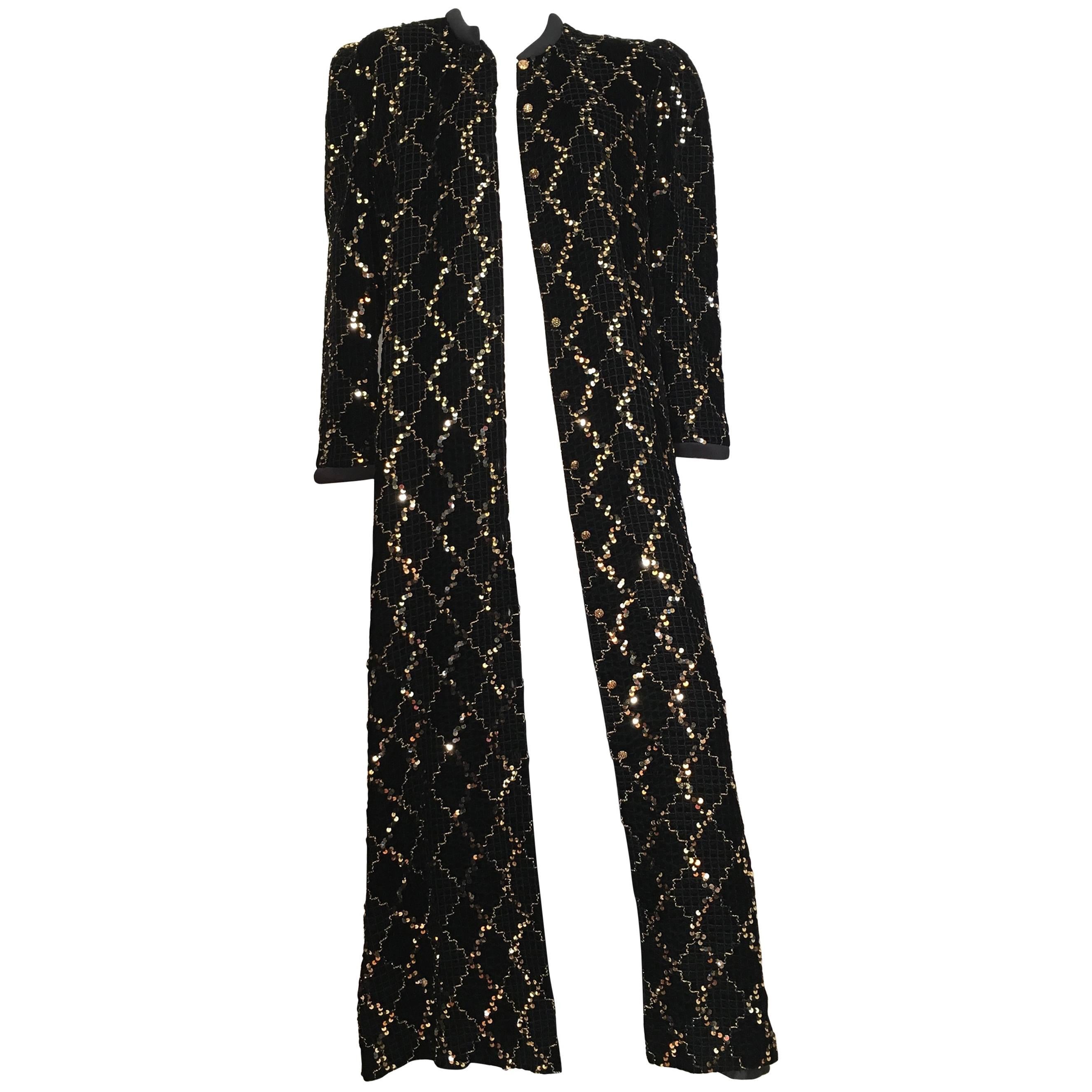David Brown for Neiman Marcus Black Velvet Sequin Evening Coat Size 10/12.