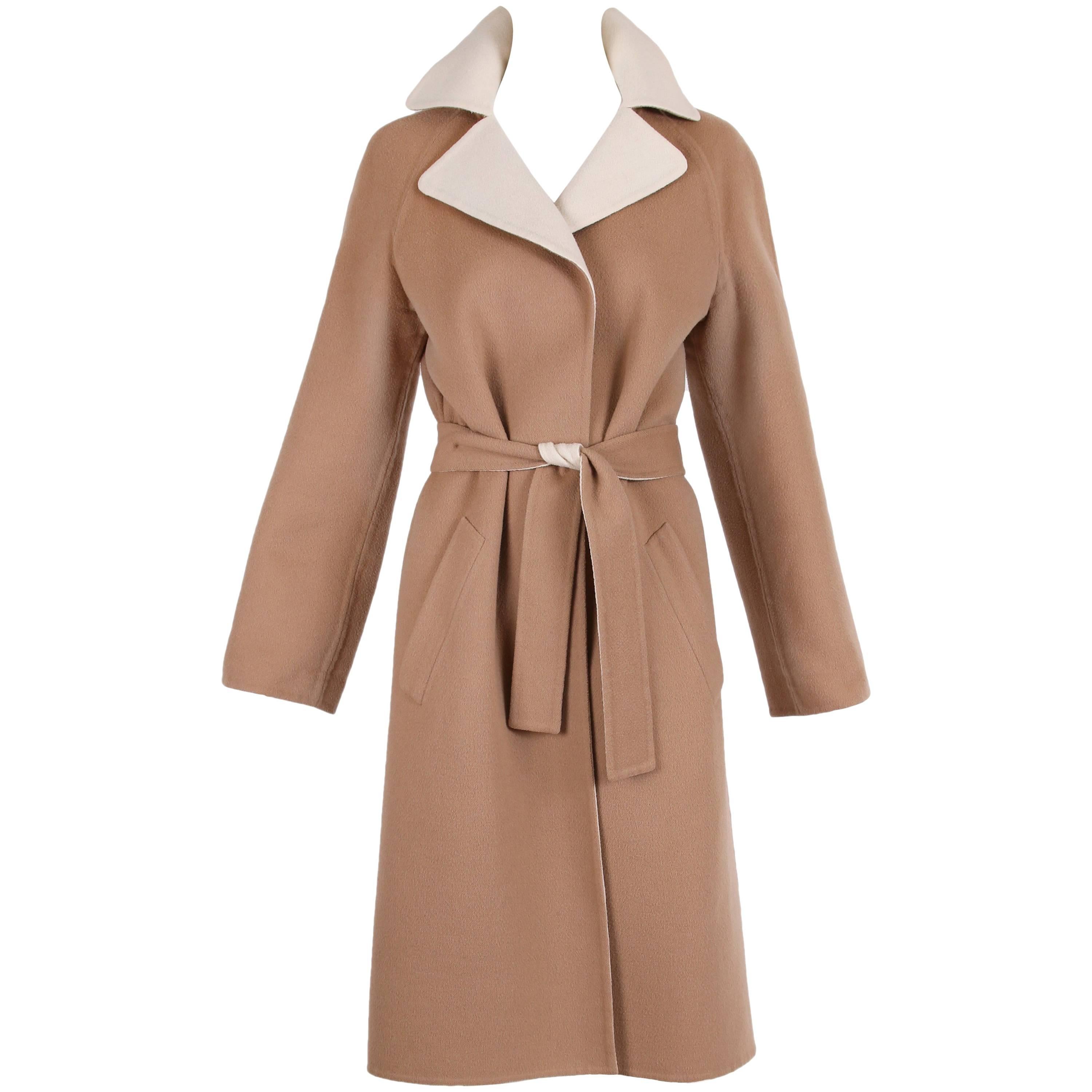 1970
s Halston Camel Melton Wool Belted Coat w/Contrast Collar